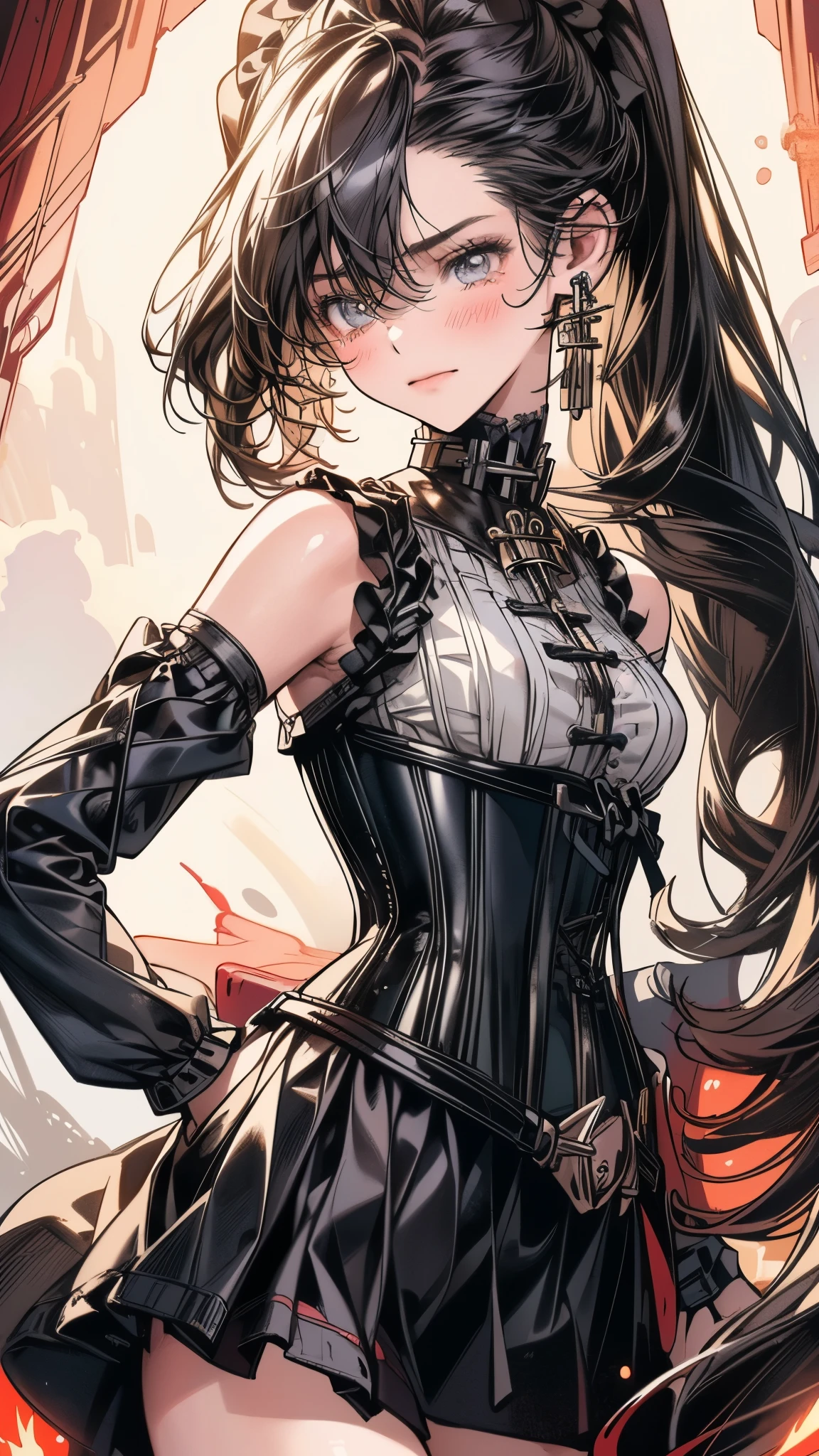(((masterpiece)))、((highest quality))、(super detailed)、(CG illustration)、(so beautiful ))、cinematic light、(((1 Mechanical Girl)))、 SF、Apocalypse、erotic grotesque、(beautiful and luxurious:1.2)、(1 girl:1.3)、facing the front, (double breasted,under bust:1.2), button gap,(((corset belt))),(((high waist mini skirt,)))Are crying,Sad face((beautiful low ponytail))