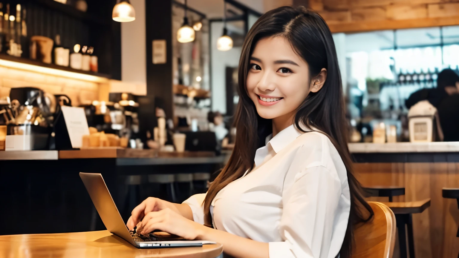 ((最high quality, 8k, masterpiece: 1.3)), perfect face,Inside a stylish cafe in New York、A scene in which a beautiful model-like woman with big breasts is drinking a latte and studying on a laptop.,All around you, you can see other customers enjoying their time.。At the back of the cafe、The staff are busy working at the counter.、You can feel the liveliness and stylish luxury that is typical of a city cafe., sharp focus, 1 girl, Sexy 1.2, , (big: 1.5), fine eyes, Beautiful eyes with long slits, double eyelid, (cat face), (cute Face), cute Smile, (close your mouth), (cute), soft skin, Show the whole body, surreal, super detailed, high quality, (Beautiful female college student studying in a cafe), ((詳細な非常にcute女子大生)), ((胸は隠れているけど服の上から解るぐらいbig胸)),A look that looks at your boyfriend