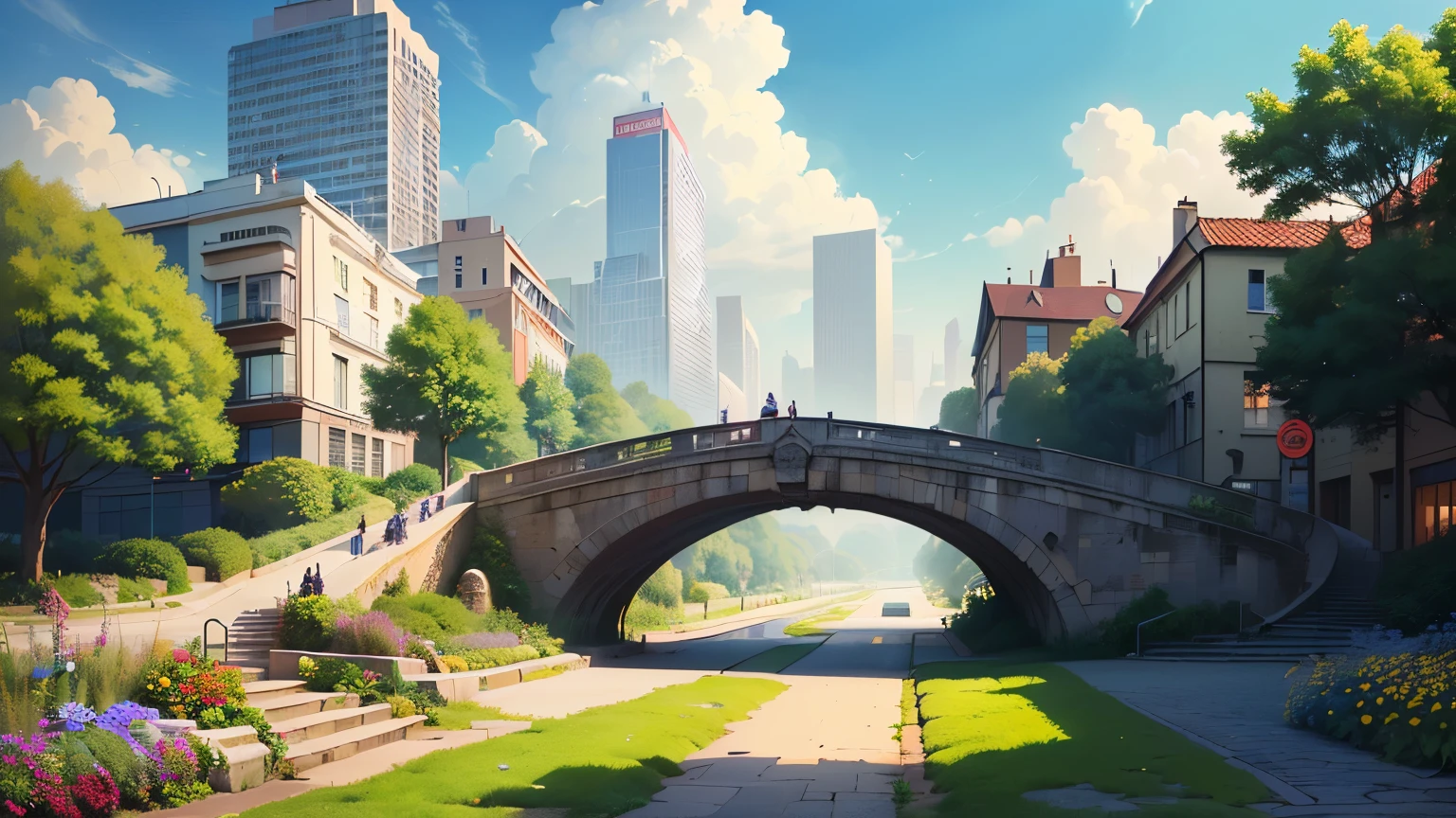 anime background ((City)), ((garden)), (On the bridge), sky road
