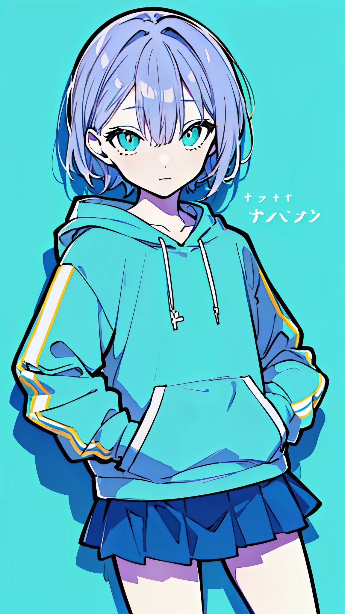 (masterpiece, highest quality:1.6), alone, thick outline, (simple background, Light light blue background, monochrome, bright light blue theme:1.2), official art, Key Visual, 8k, confused, whole body, (unique hair, oversized hoodie, Skirts to look at, short torso:1.2), belly button, thighs, cowboy shot, HDR, sharp focus, High resolution, most detailed, very detailed, Super detailed, finely, detailed eyes and face, sharp pupils, realistic student, alone, alone, put one&#39;s hand in one&#39;s pocket