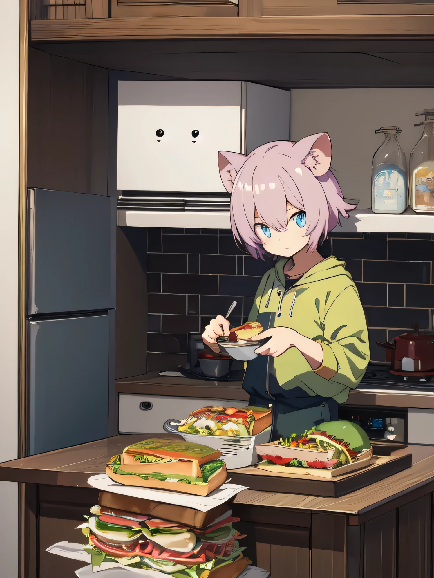 masterpiece、high quality、shining eyes、Glossy hair and skin、Slender male solo cartoon possum by zackary911 hair above eyes, In the pan, kitchen, sandwich, food、anime