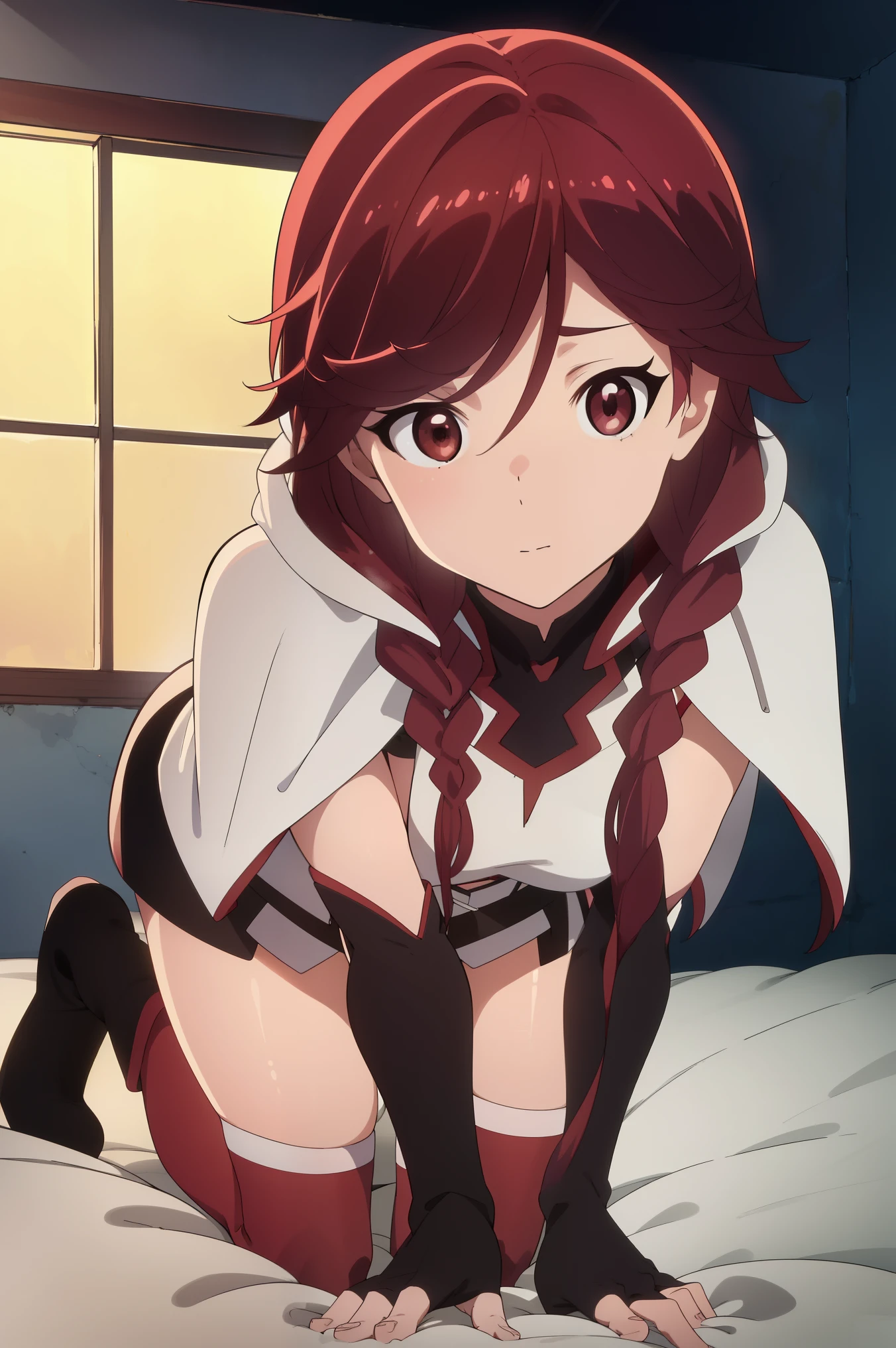 NSFW,grimgaryume, yume, long hair, (red eyes:1.5), braid, red hair, single braid,
BREAK thighhighs, gloves, boots, white lace panties , elbow gloves, fingerless gloves, cape, black shorts, red thighhighs,looking at viewer,bedroom,on the bed,kneeling,
BREAK (masterpiece:1.2), best quality, high resolution, unity 8k wallpaper, (illustration:0.8), (beautiful detailed eyes:1.6), extremely detailed face, perfect lighting, extremely detailed CG, (perfect hands, perfect anatomy),sex,sex,sex,virginal,fellatio,nsfw