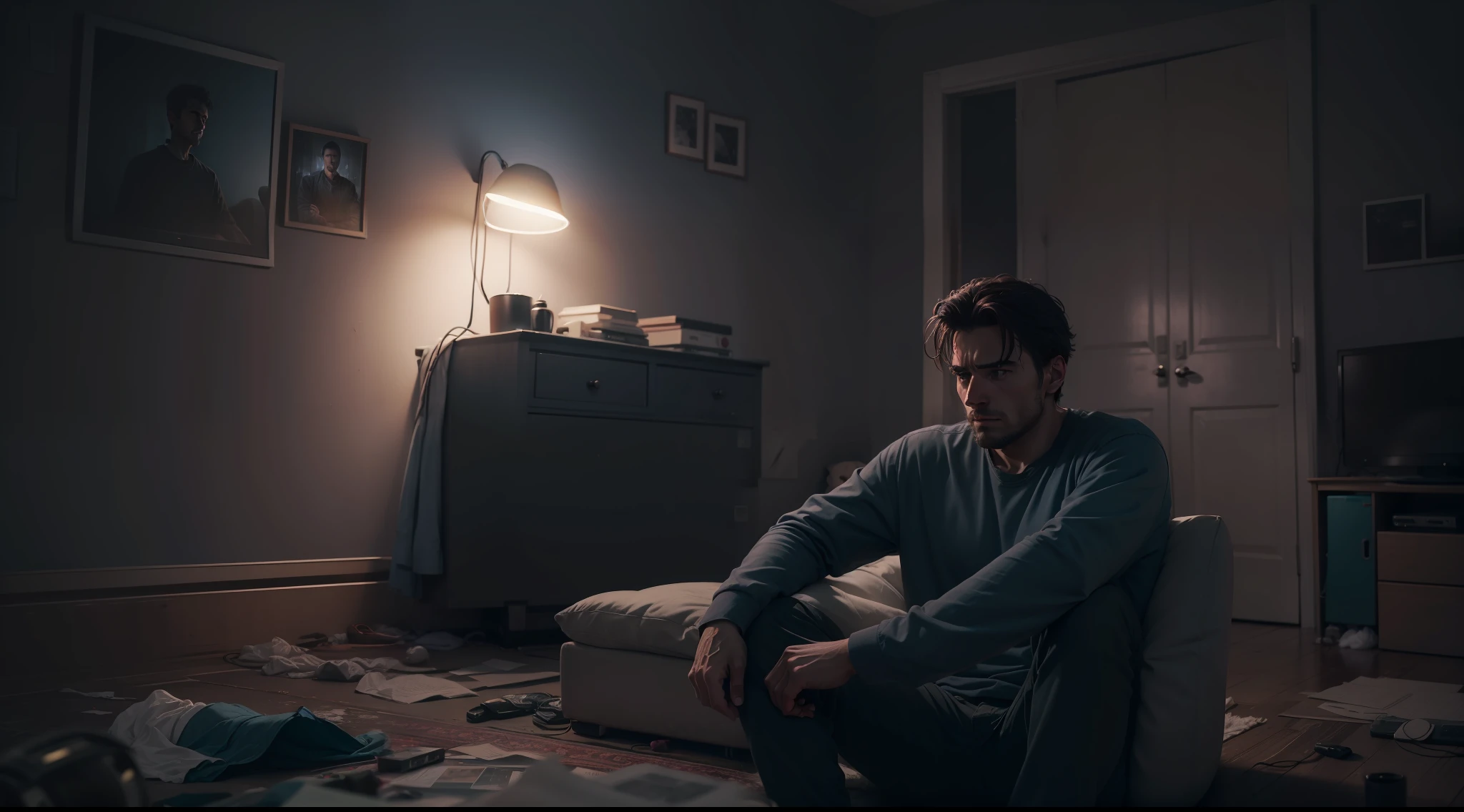 triste, lonely man watching TV in the dark, Messy room