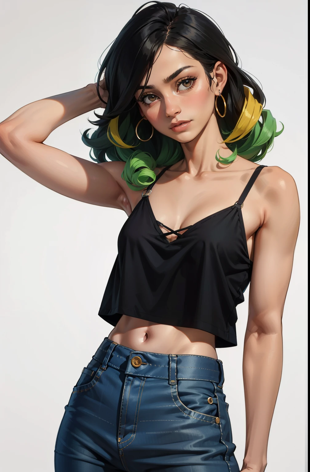masterpiece:1.6, best quality:1.4, real picture:1.2, intricate details:1.2, charturnerv2:1.2, full body character turnaround of 1lady,
Appearance: milf:1.25, slender:1.3, green eyes, huge breasts, flat stomach, sharp eyes,
Clothing: cyberpunk baggy pants, croptop
Accessories: golden ring, simple hoop earrings, shell necklace, sleeve tattoos
Hair: long black hair, messy hair,
Makeup: natural, glowing skin, cat eyes
(simple background, white background:1.3), multiple views, Multiple views of the same character in the same outfit:1.3.