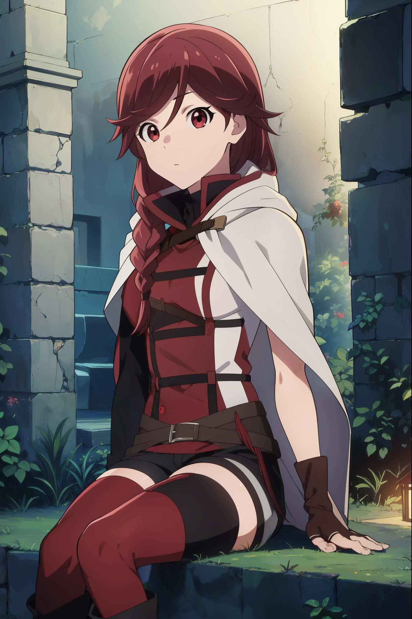 grimgaryume, yume, long hair, (red eyes:1.5), braid, red hair, single braid,
BREAK thighhighs, gloves, boots, shorts, elbow gloves, fingerless gloves, cape, black shorts, red thighhighs,
BREAK looking at viewer,
BREAK outdoors,
BREAK (masterpiece:1.2), best quality, high resolution, unity 8k wallpaper, (illustration:0.8), (beautiful detailed eyes:1.6), extremely detailed face, perfect lighting, extremely detailed CG, (perfect hands, perfect anatomy), (white panties:1.3)、(Fully exposed panties:1.5)、1 girl