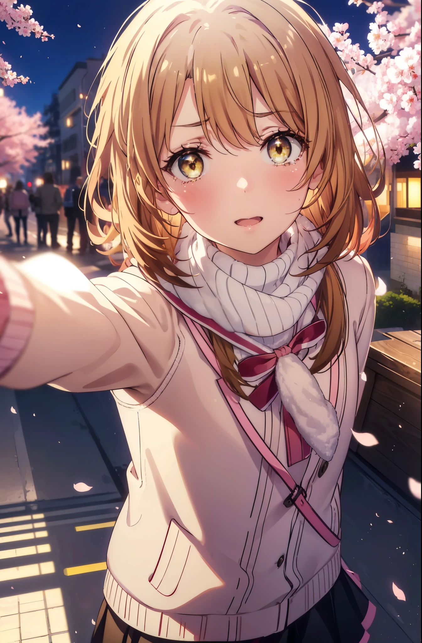 irohaisshiki, iroha isshiki, long hair, short braided hair,ponytail,brown hair, (brown eyes:1.5), smile,yellow muffler,pink long coat There is space in front,white sweater,black long skirt,black pantyhose,short boots,Big tears are running down her face,Crying with joy,cry a lot,A piece of paper with a large number of numbers written on it is pasted on the bulletin board in front of the school building.,happy crowd,cherry blossoms are blooming,Cherry blossoms are scattered,pink scenery,Announcement of university results,have a piece of paper with numbers written on it,
break outdoors, University buildings,
break looking at viewer,
break (masterpiece:1.2), highest quality, High resolution, unity 8k wallpaper, (figure:0.8), (detailed and beautiful eyes:1.6), highly detailed face, perfect lighting, Very detailed CG, (perfect hands, perfect anatomy),