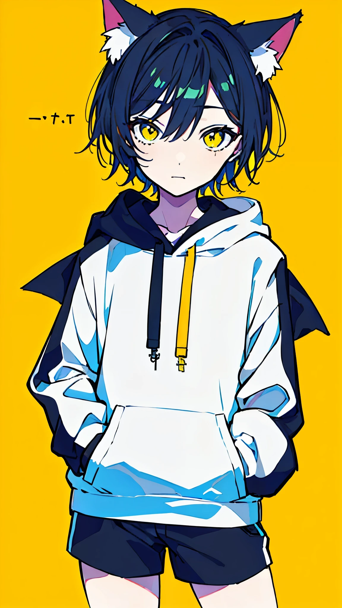 (masterpiece, highest quality:1.6), alone, thick outline, (simple background, Dark yellow background, monochrome, dark yellow theme:1.2), official art, Key Visual, 8k, confused, whole body, (unique hair, oversized hoodie, hot pants, Cat ear, short torso:1.2), belly button, thighs, cowboy shot, HDR, sharp focus, High resolution, most detailed, very detailed, Super detailed, finely, detailed eyes and face, sharp pupils, realistic student, alone, yellow and gray contrast, alone, put one's hand in one's pocket
