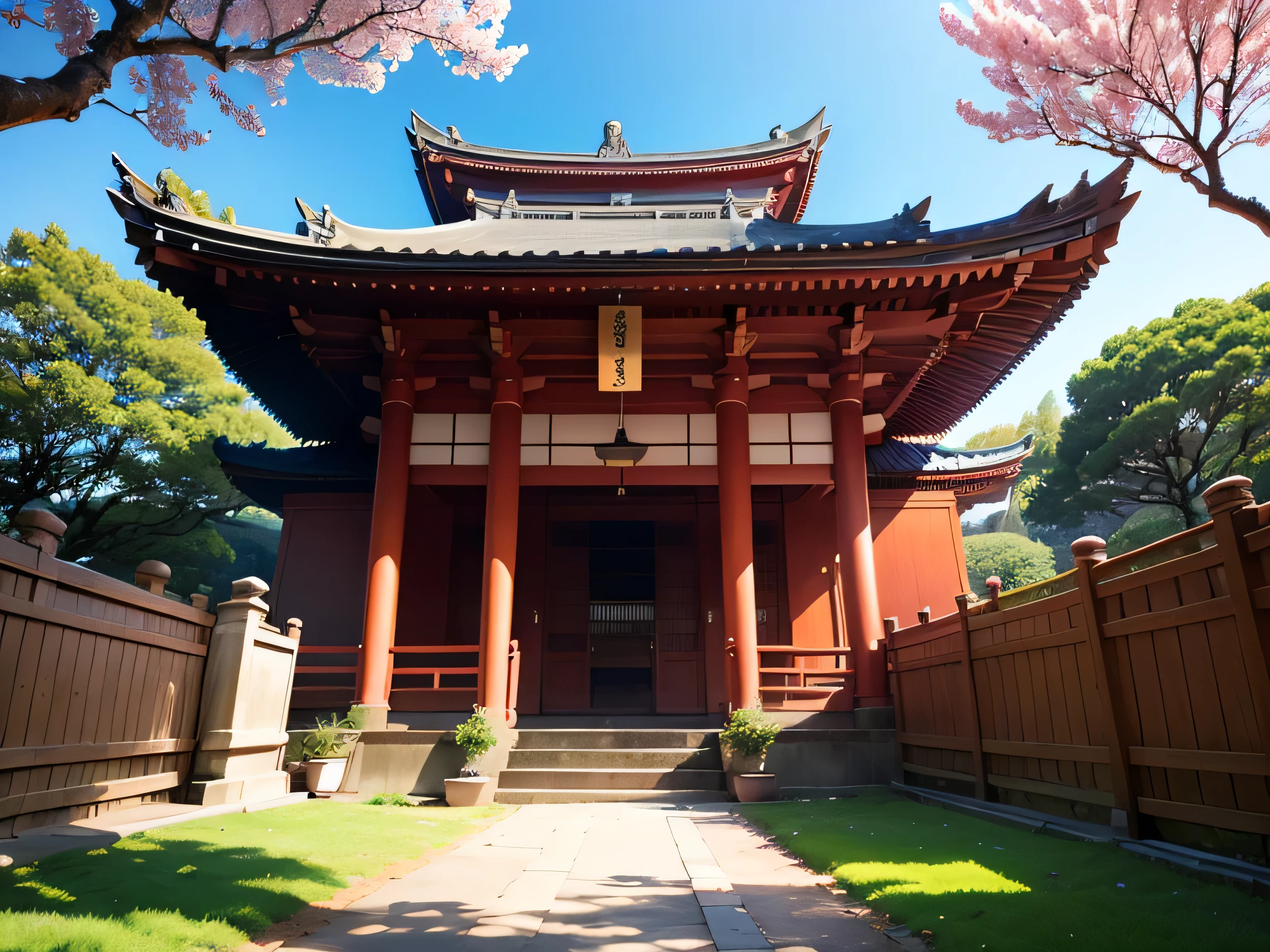 temple japonais, avec un cerisier rose et des oiseaux dans un ciel orange