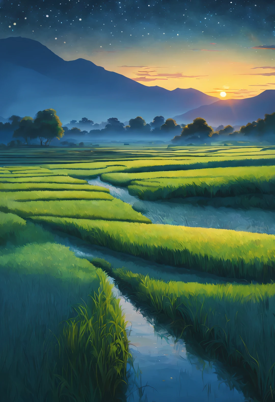 best quality, 4k, 8k, high level, masterpiece: 1.2, Super detailed, actual: 1.37,
(Endless rice fields), Sky, dreamy atmosphere, bright color palette, Vibrant shades, Impressionist brushstrokes, Subtle lighting effects, Silhouette of a *********** in the distance, sunset on the horizon, Peaceful and tranquil atmosphere, the harmony between nature and Sky, textured brushstrokes, Abundant and vibrant crops, dusk atmosphere, Peaceful idyllic scenery, and shining stars lighting up the night sky, Calm and serene atmosphere, Peaceful and picturesque setting, Inspired by the style and techniques of Van Gogh, Sublime and atmospheric depiction, ethereal beauty, and fascinating celestial phenomena,