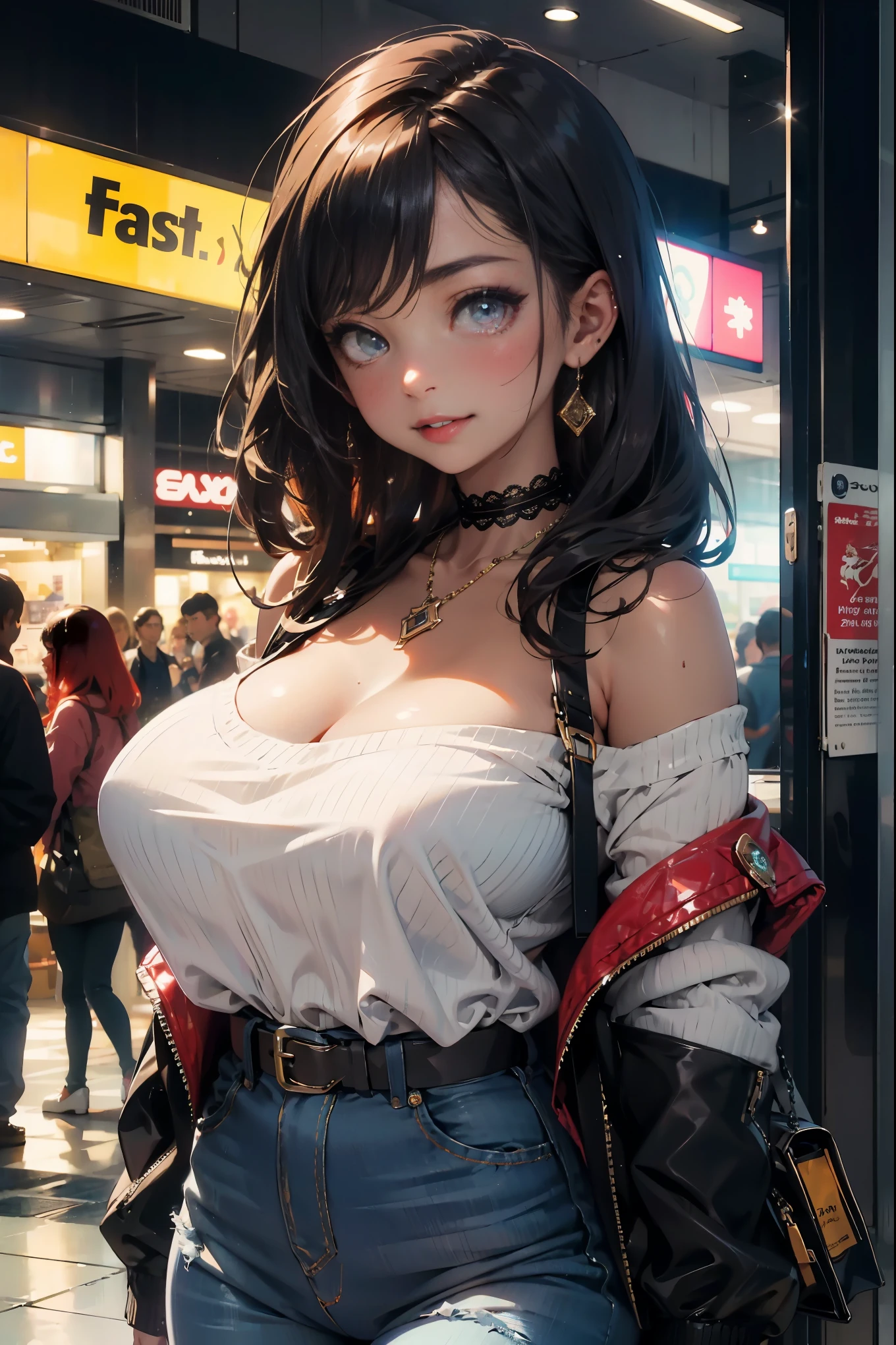 (masterpiece:1.2), (best quality:1.2), perfect eyes, perfect face, perfect lighting, 1 girl, adult, smiling, Long red hair, straight hair, Exquisite hairstyle, fashionable, single long off shoulder shirt, band printing, jewelry, necklace, earrings, armband, lace choker, belt, Low-rise black jeans, thick eyelashes, cosmetics, eye shadow, Detailed shopping mall background, crowd，huge cleavage，huge ，Grooves reveal original skin