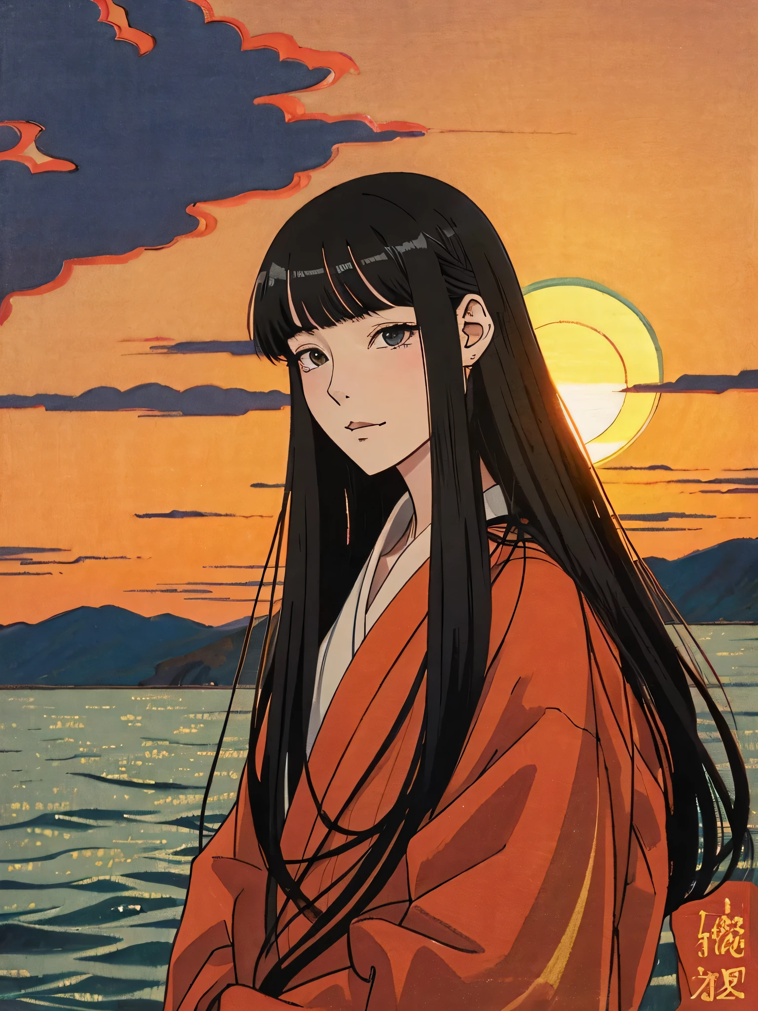 anime、sunset、black long hair ukiyo-e