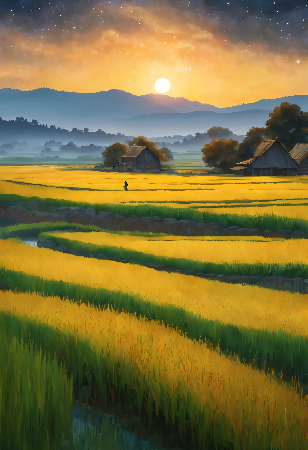 best quality, 4k, 8k, high level, masterpiece: 1.2, Super detailed, actual: 1.37,
(Endless rice fields), Sky, dreamy atmosphere, bright color palette, Vibrant shades, Impressionist brushstrokes, Subtle lighting effects, Silhouette of a *********** in the distance, sunset on the horizon, Peaceful and tranquil atmosphere, the harmony between nature and Sky, textured brushstrokes, Abundant and vibrant crops, dusk atmosphere, Peaceful idyllic scenery, and shining stars lighting up the night sky, Calm and serene atmosphere, Peaceful and picturesque setting, Inspired by the style and techniques of Van Gogh, Sublime and atmospheric depiction, ethereal beauty, and fascinating celestial phenomena,