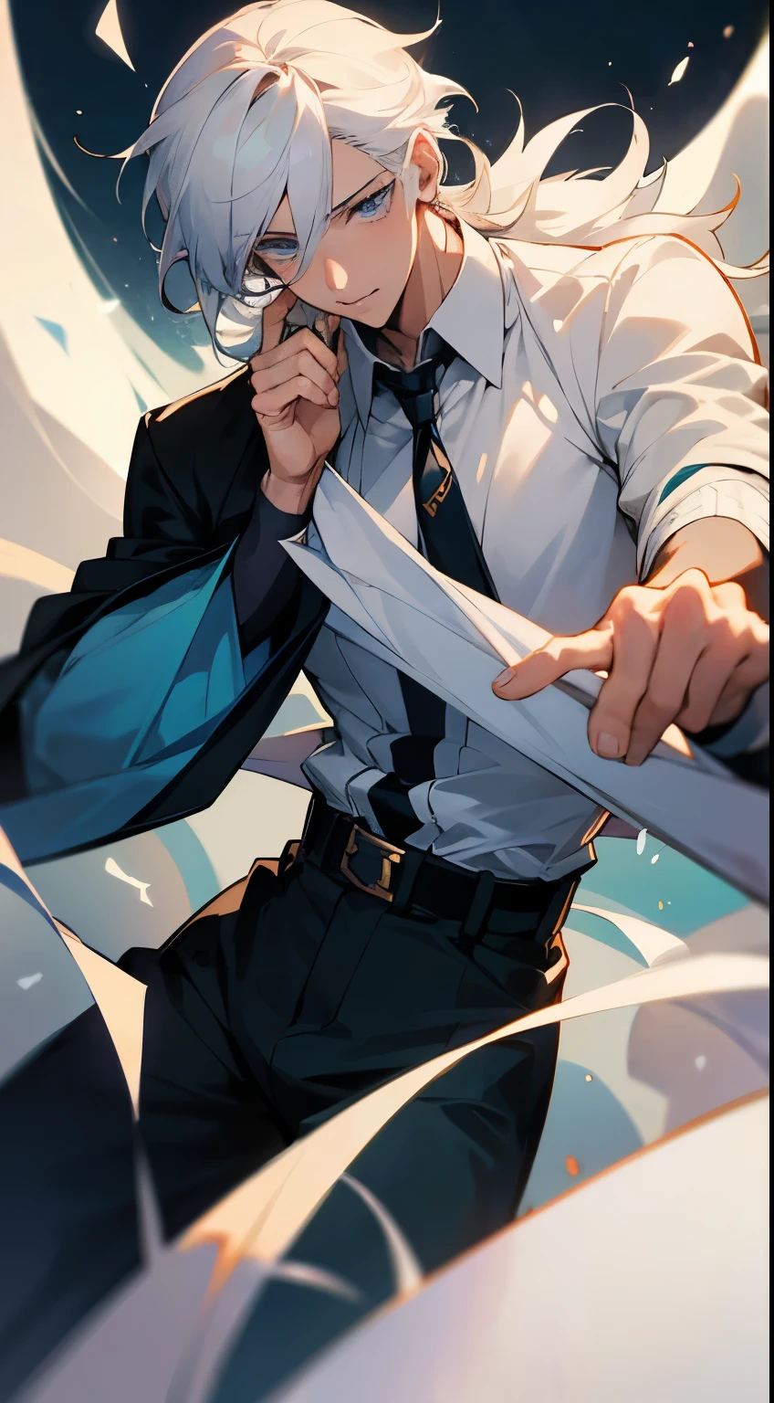 Handsome pose, anime handsome guy, young anime man, uncultivated々Right, male anime characters, key anime visuals, tall anime guy,white hair,tobacco