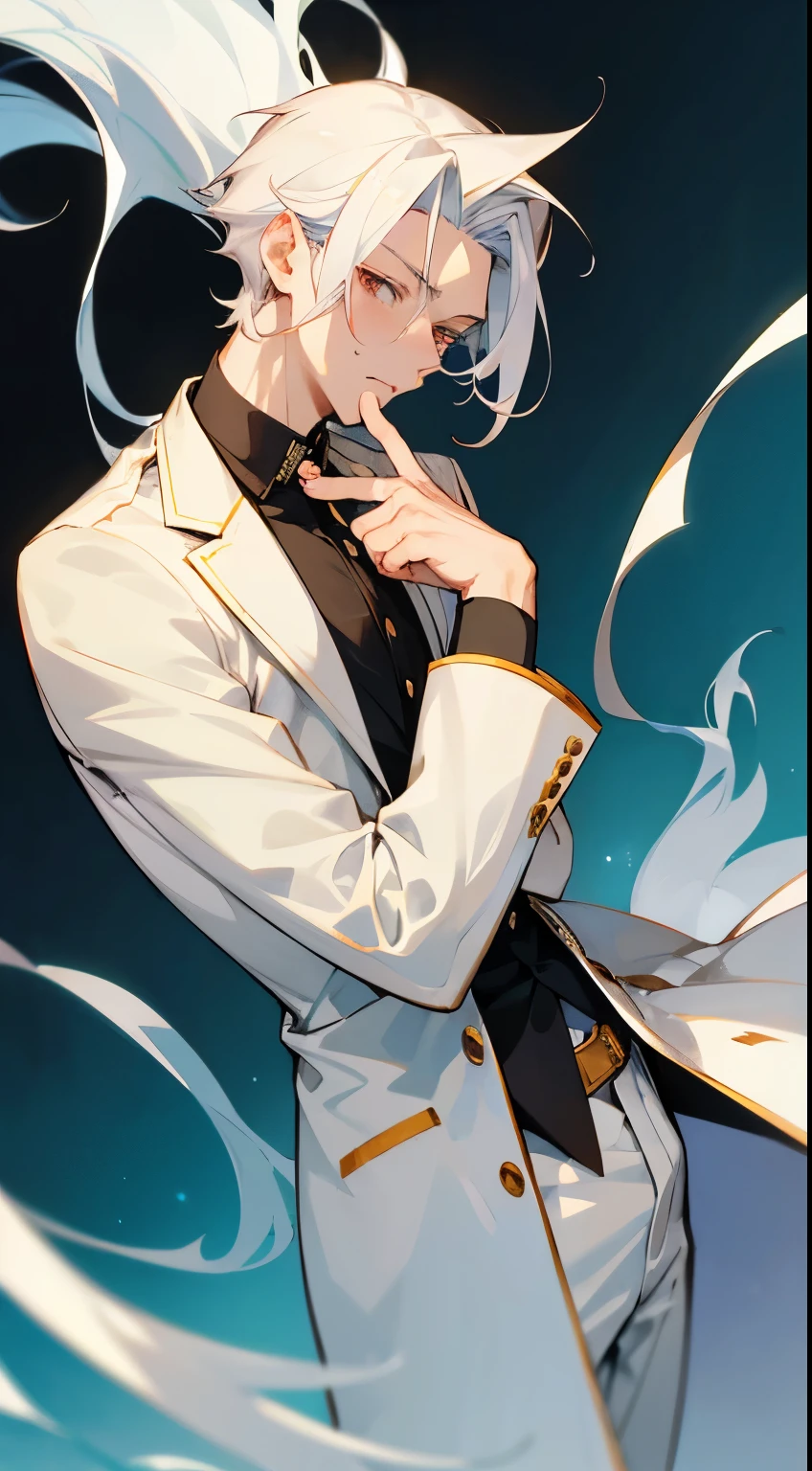 Handsome pose, anime handsome guy, young anime man, uncultivated々Right, male anime characters, key anime visuals, tall anime guy,white  hair,tobacco