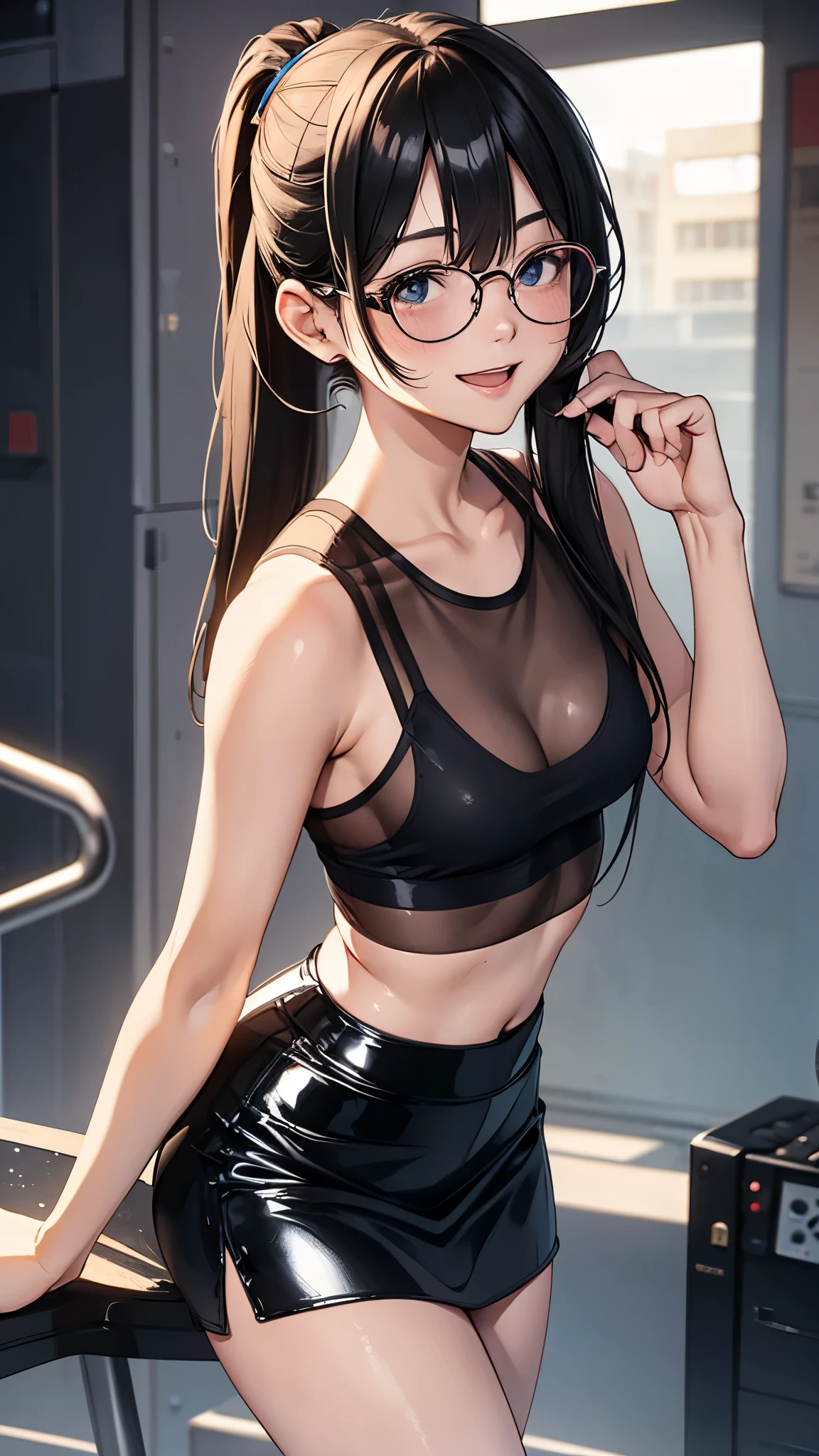 1 female,black hair,25 years old,(((blue shiny micro tight skirt)))((white tank top))(((blush、open mouth smile)),(((straight hair))),(((portrait))),crowd,,(wet with sweat)(sexy black bra and see-through tank top)(Glasses)(((small breasts)))((low ponytail))