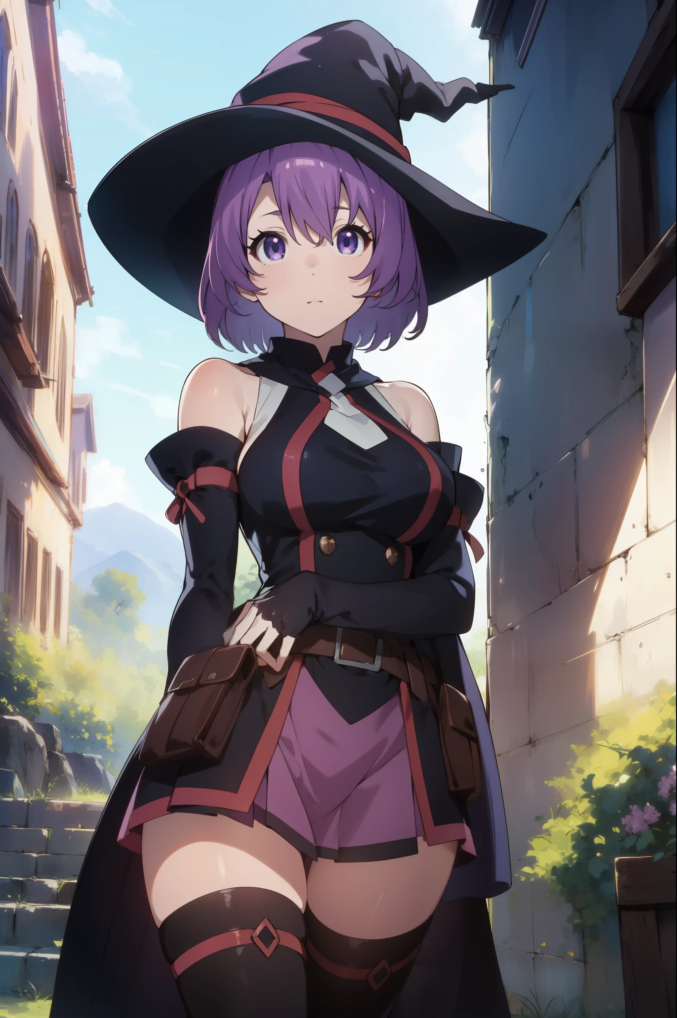 grimgarshihoru, shihoru, short hair, purple hair, (purple eyes:1.1),
BREAK skirt, thighhighs, gloves, hat, bare shoulders, purple hair, detached sleeves, witch hat,
BREAK looking at viewer,
BREAK outdoors,
BREAK (masterpiece:1.2), best quality, high resolution, unity 8k wallpaper, (illustration:0.8), (beautiful detailed eyes:1.6), extremely detailed face, perfect lighting, extremely detailed CG, (perfect hands, perfect anatomy),