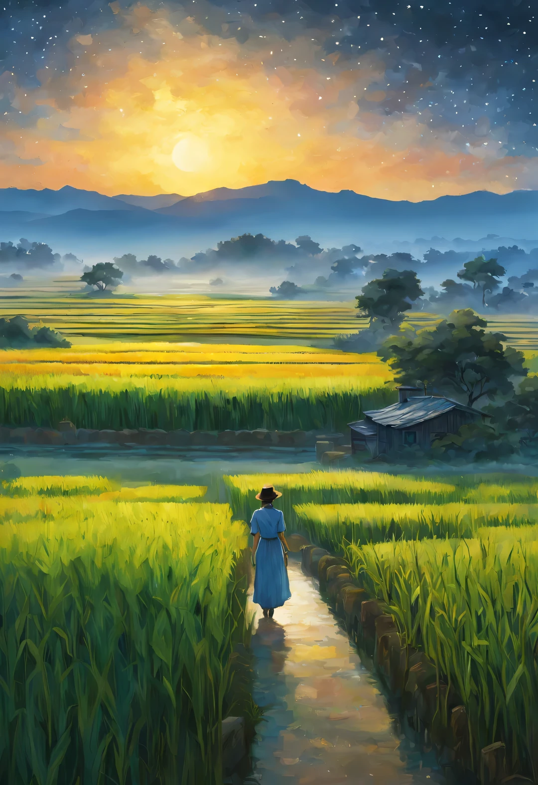 best quality, 4k, 8k, high level, masterpiece: 1.2, Super detailed, actual: 1.37,
(Endless rice fields), blue sky, dreamy atmosphere, bright color palette, Vibrant shades, Impressionist brushstrokes, Subtle lighting effects, Silhouette of a  in the distance, sunset on the horizon, Peaceful and tranquil atmosphere, Harmony between nature and sky, textured brushstrokes, Abundant and vibrant crops, dusk atmosphere, Peaceful idyllic scenery, Shining stars light up the night, Calm and serene atmosphere, Peaceful and picturesque setting, Inspired by the style and techniques of Van Gogh, Sublime and atmospheric depiction, ethereal beauty, and fascinating celestial phenomena,