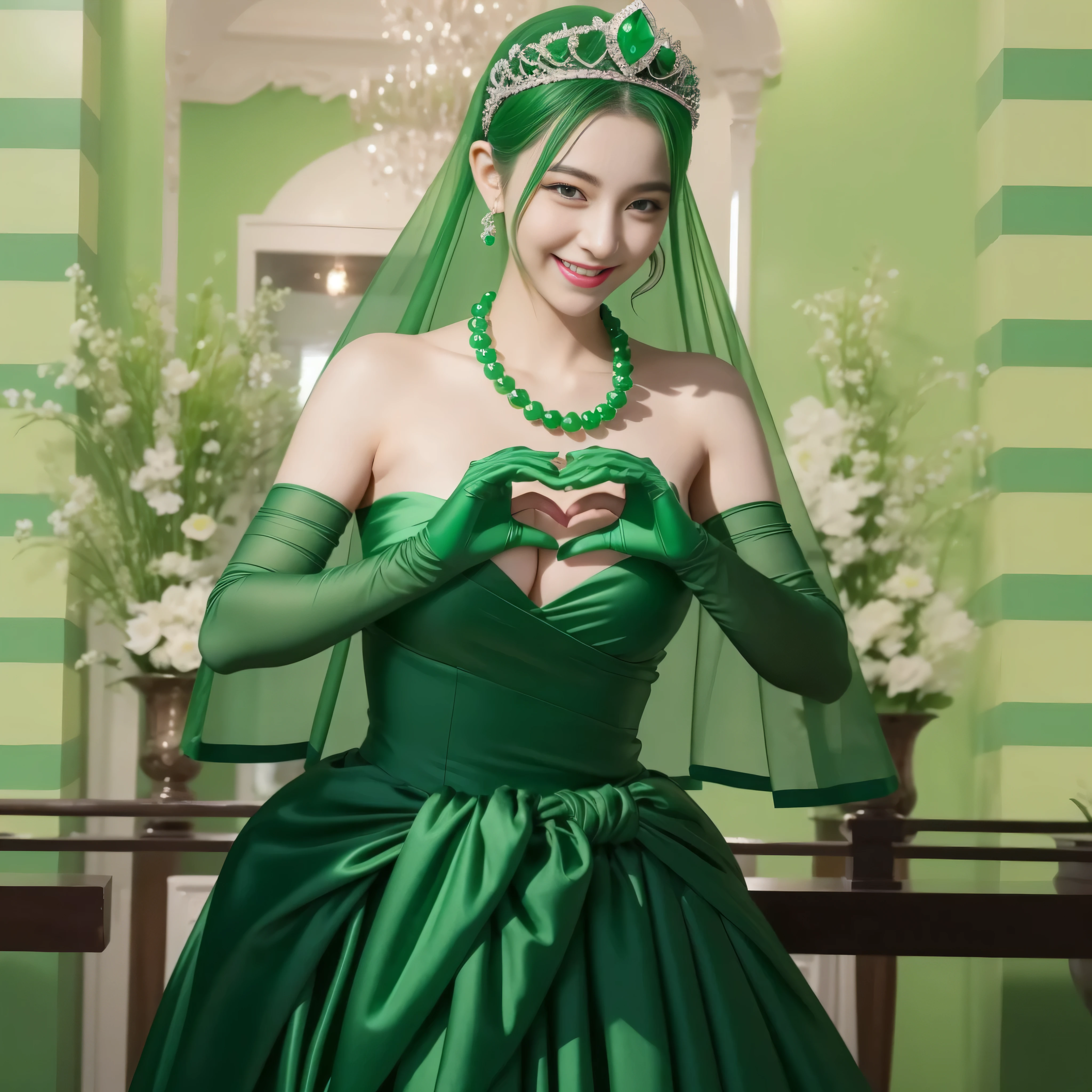 emerald tiara, Green Pearl Necklace, ボーイッシュな非常に短いgreen hair, lipstick, smiling Japanese woman, very short hair,  beauty of big breasts, green eyes, green satin long gloves, green eyes, emerald earrings, Green veil, Heart with both hands, green hair, beautiful japanese woman, heart shaped hands:1.3, green lip gloss