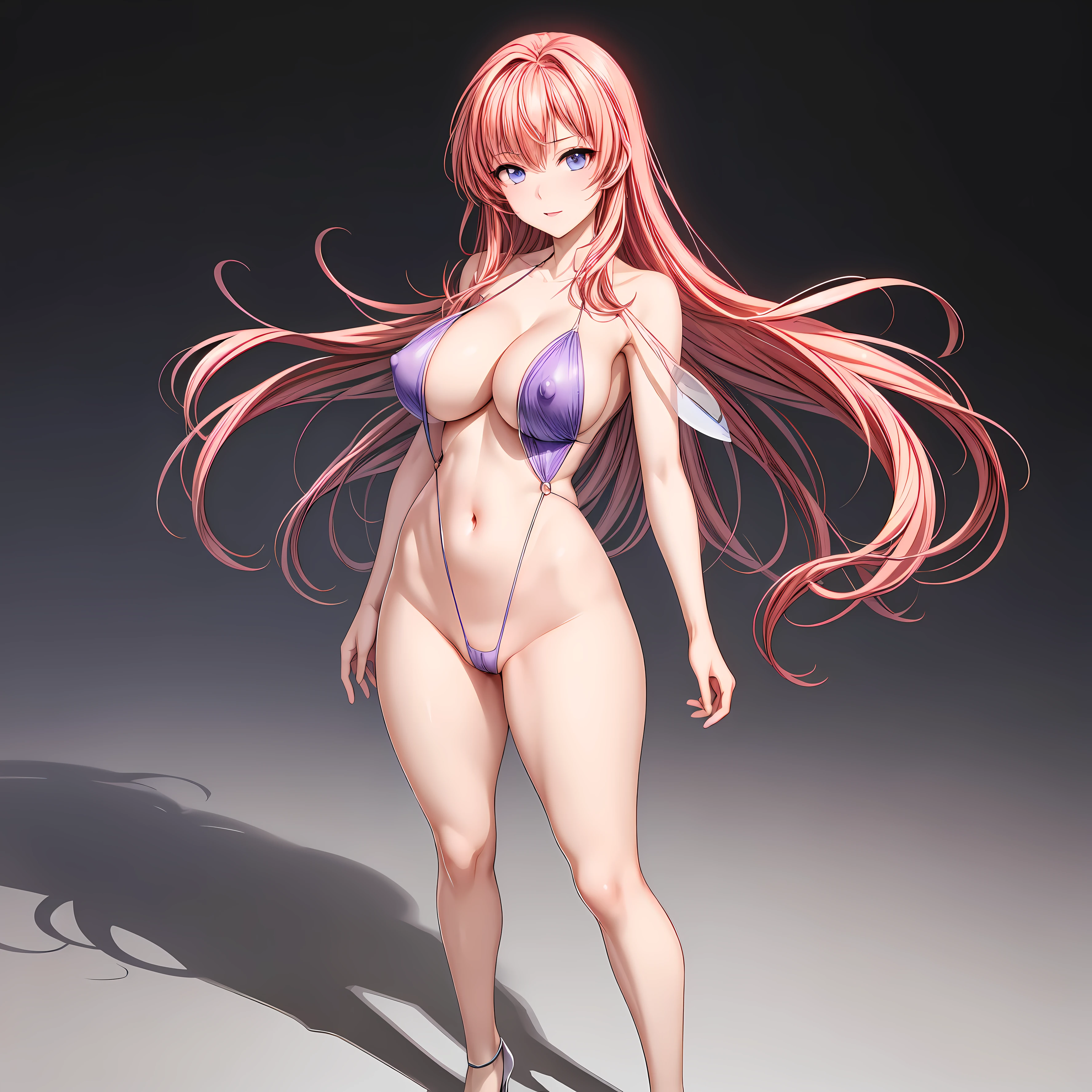 masterpiece, highest quality,beautiful eyes, beautiful hair, beautiful face, beautiful skin, alone, 1 girl, 勃起した乳head, anime girl, (whole body), winding, beautiful breasts,shiny skin,shining eyes, smooth skin, glowing skin, soft skin, shiny skin, (Purple slingshot swimsuit with no decorations on the shoulders, head, or abdomen.)、side boob, cleavage, barefoot, (Belly button only:1.3), high heels, pink hair, bare head, bare shoulders, bare clavicle, Are standing
