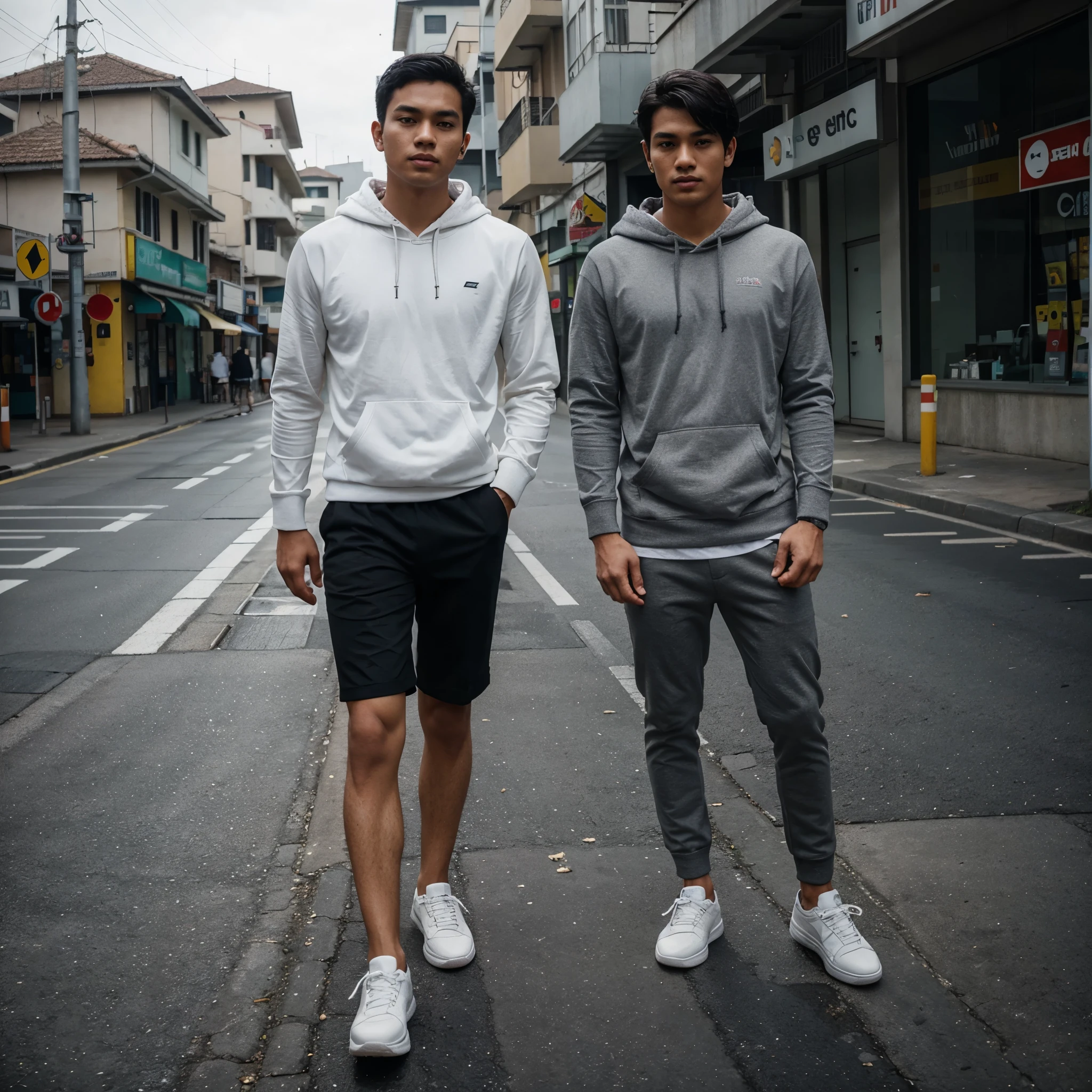 Prompt:

A handsome indonesian boy, 25 years old with olive skin, round face, clean face without bard, stands tall with a proportional body and short two block black hair. Wearing grey hoodie, he wears black short pants and white sneakers on his feet, walks forward with purpose. The singapore street road serves as the background, shrouded in a cloudy, cinematic atmosphere. The scene is very detailed, with hyper-realistic textures capturing every crease and wrinkle on his face and clothing. The full-body shoot angle ensures a sharp focus on the man, making every feature and detail evident,