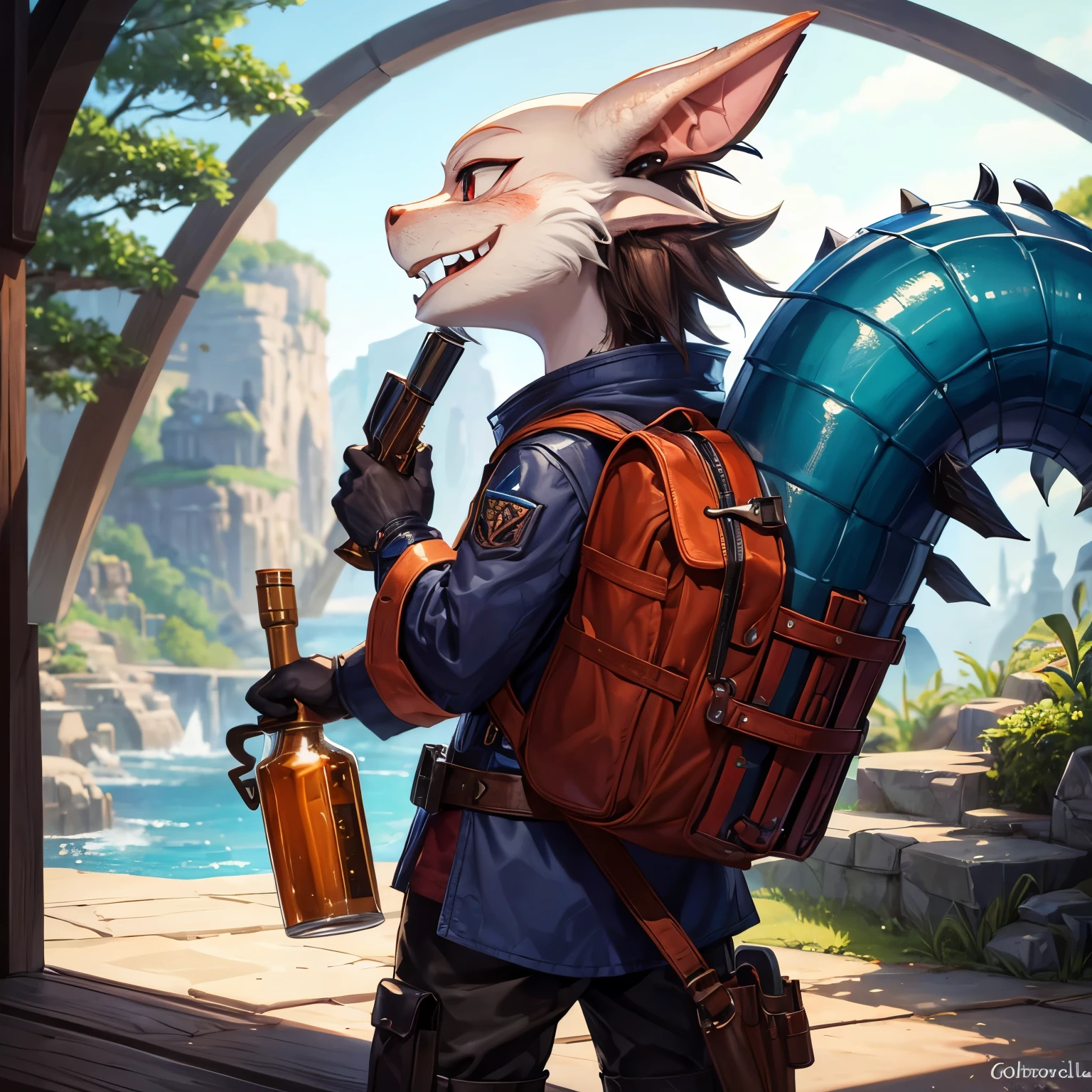 (((Kobold)), (detailed kobold)), wearing engineering coat and pants, kobold tail, draconic in appearance, fully scaled, blue scales, side view, looking around with a smile, blush, holding a two-handed rifle, perspective, finely detailed paws, adventure backpack, vials, narrow face, cute, androgynous, solo, no ears, fantasy, horns on head, DND, tinkerer