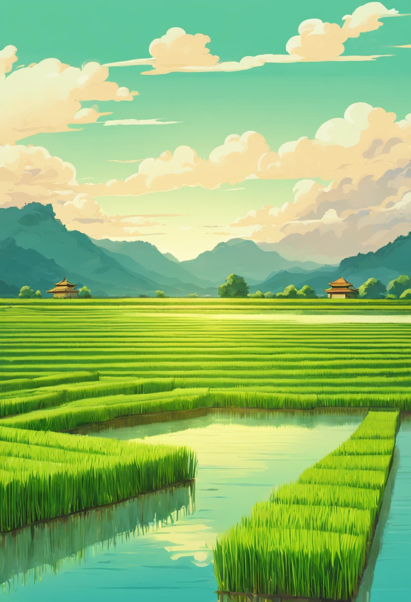 A beautiful scenic view of a vibrant green rice paddy field under a bright blue sky with fluffy white clouds, golden sunlight shining down, shallow water reflecting the sky, rows of young rice plants sprouting up, in the soft rendering style of a traditional Chinese landscape painting, idyllic summer day, aesthetic