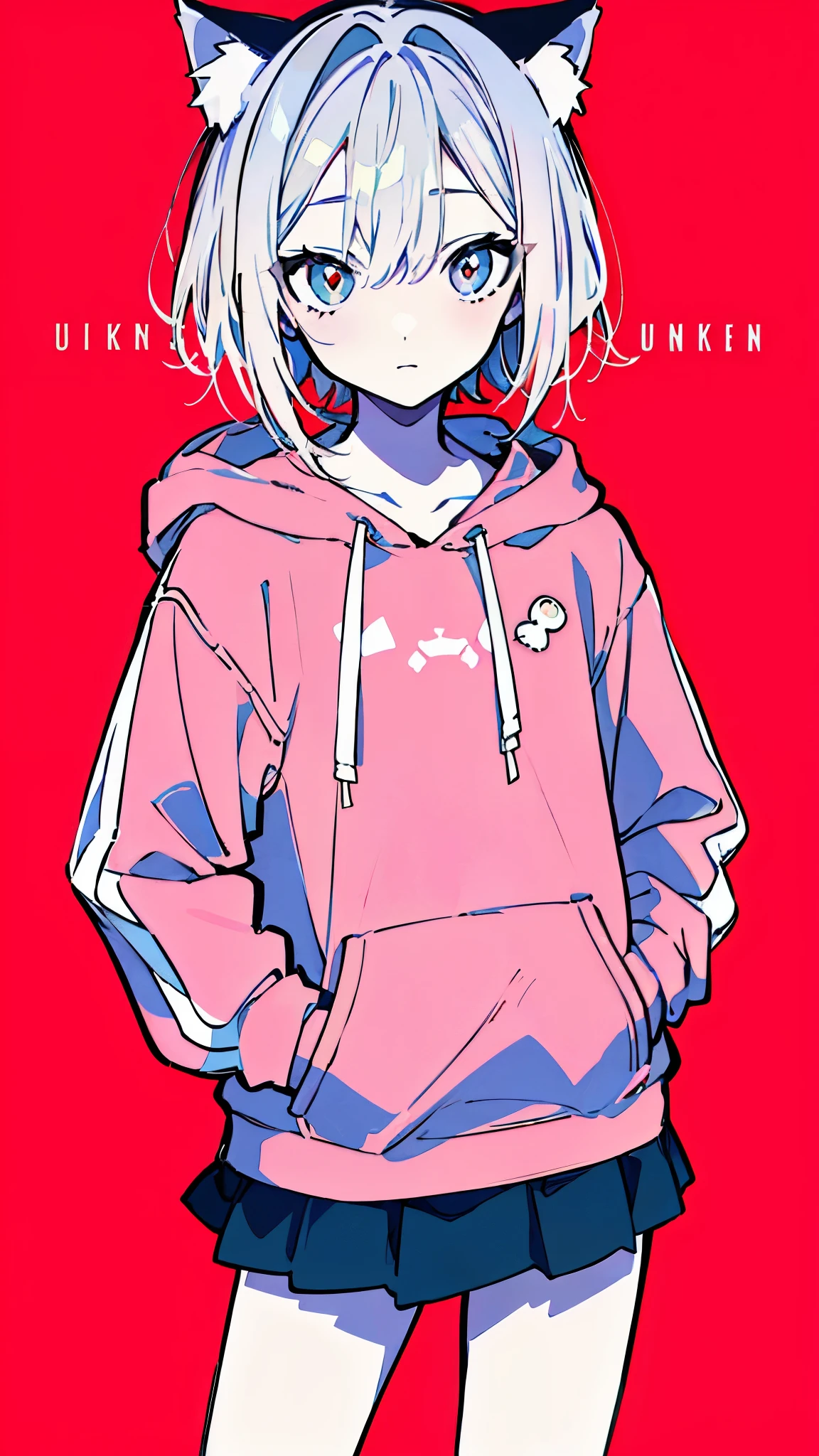 (masterpiece, highest quality:1.6), alone, thick outline, (simple background, light pink background, monochrome, light pink theme:1.2), official art, Key Visual, 8k, confused, whole body, (unique hair, oversized hoodie, mini skirt, Cat ear, short torso:1.2), belly button, thighs, cowboy shot, HDR, sharp focus, High resolution, most detailed, very detailed, Super detailed, finely, detailed eyes and face, sharp pupils, realistic student, alone, Contrast of pink, gray and white, alone, put one&#39;s hand in one&#39;s pocket