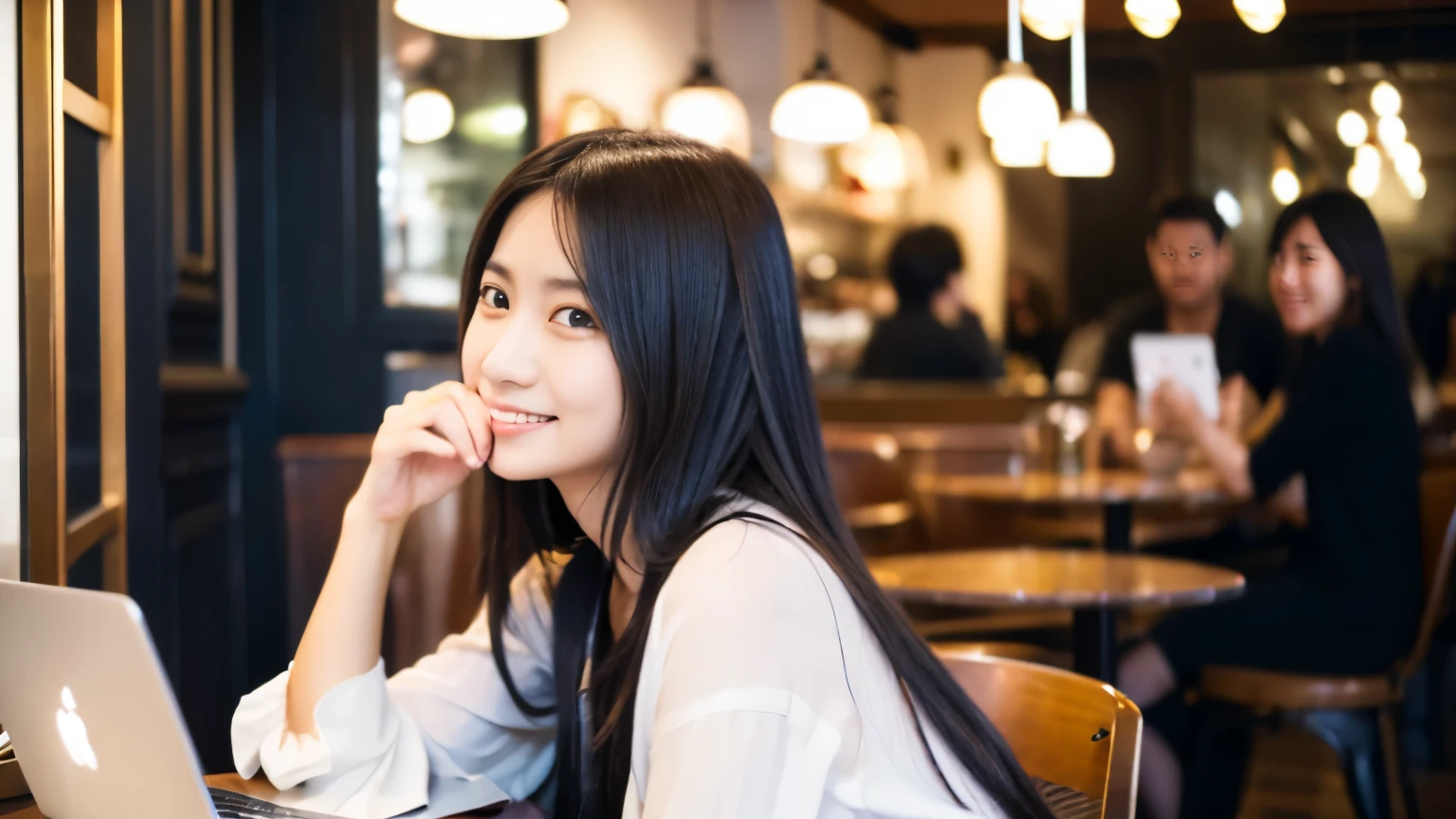 ((最high quality, 8k, masterpiece: 1.3)), perfect face,Inside a stylish cafe in New York、A scene in which a beautiful model-like woman is drinking a latte and studying on a laptop.,All around you, you can see other customers enjoying their time.。At the back of the cafe、The staff are busy working at the counter.、You can feel the liveliness and stylish luxury that is typical of a city cafe., sharp focus, 1 girl, Sexy 1.2, , (big: 1.5), fine eyes, Beautiful eyes with long slits, double eyelid, (cat face), (cute Face), cute Smile, (close your mouth), (cute), soft skin, Show the whole body, surreal, super detailed, high quality, (Beautiful female college student studying in a cafe), ((詳細な非常にcute女子大生)), ((胸は隠れているけど服の上から解るぐらいbig胸)),A look that looks at your boyfriend