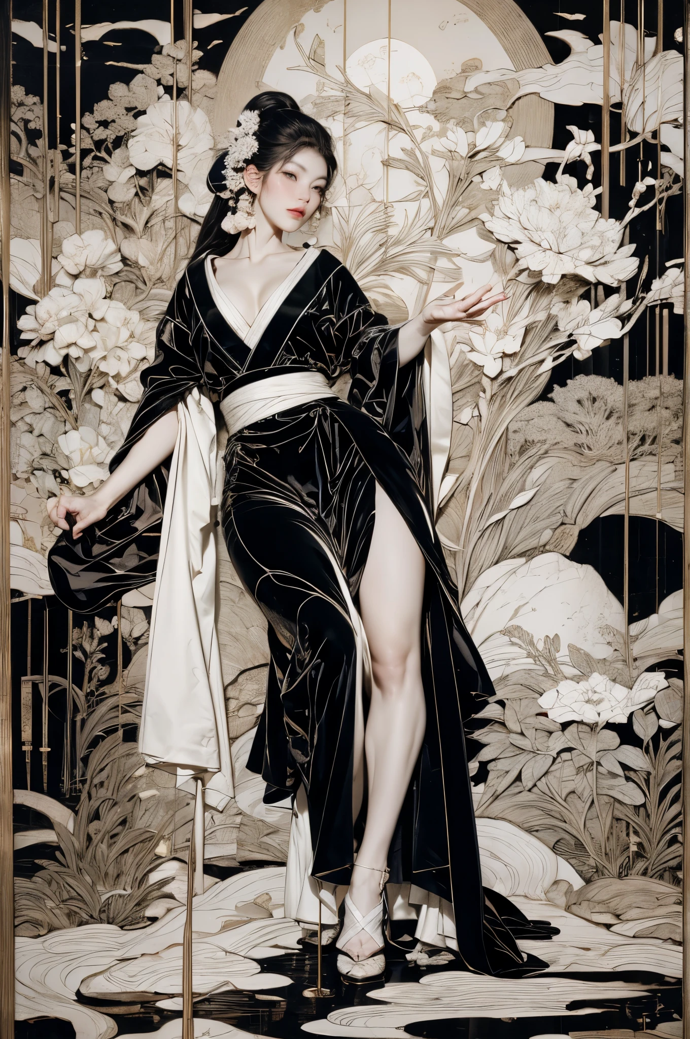 Umalinda warrior sexy, pretty face, Delicious Company, Alluring figure, Wearing a sexy open kimono. The artwork is created in a medium reminiscent of Japanese ink paintings....., 具有大胆的笔触和Monochromatic color palette. artist'Masterful technique reveals the intensity and power of the image'sense of presence,with the highest quality, Perfectly capture every detail with ultra-high resolution. Textures and intricate patterns on kimonos are rendered with extreme precision. Lighting is carefully designed,Enhance drama, Features deep shadows and subtle highlights. General, The artwork exudes elegance and power, Combining traditional Japanese aesthetics with a modern feel. Monochromatic color palette, Combine details, Create captivating and immersive experiences for your audience.