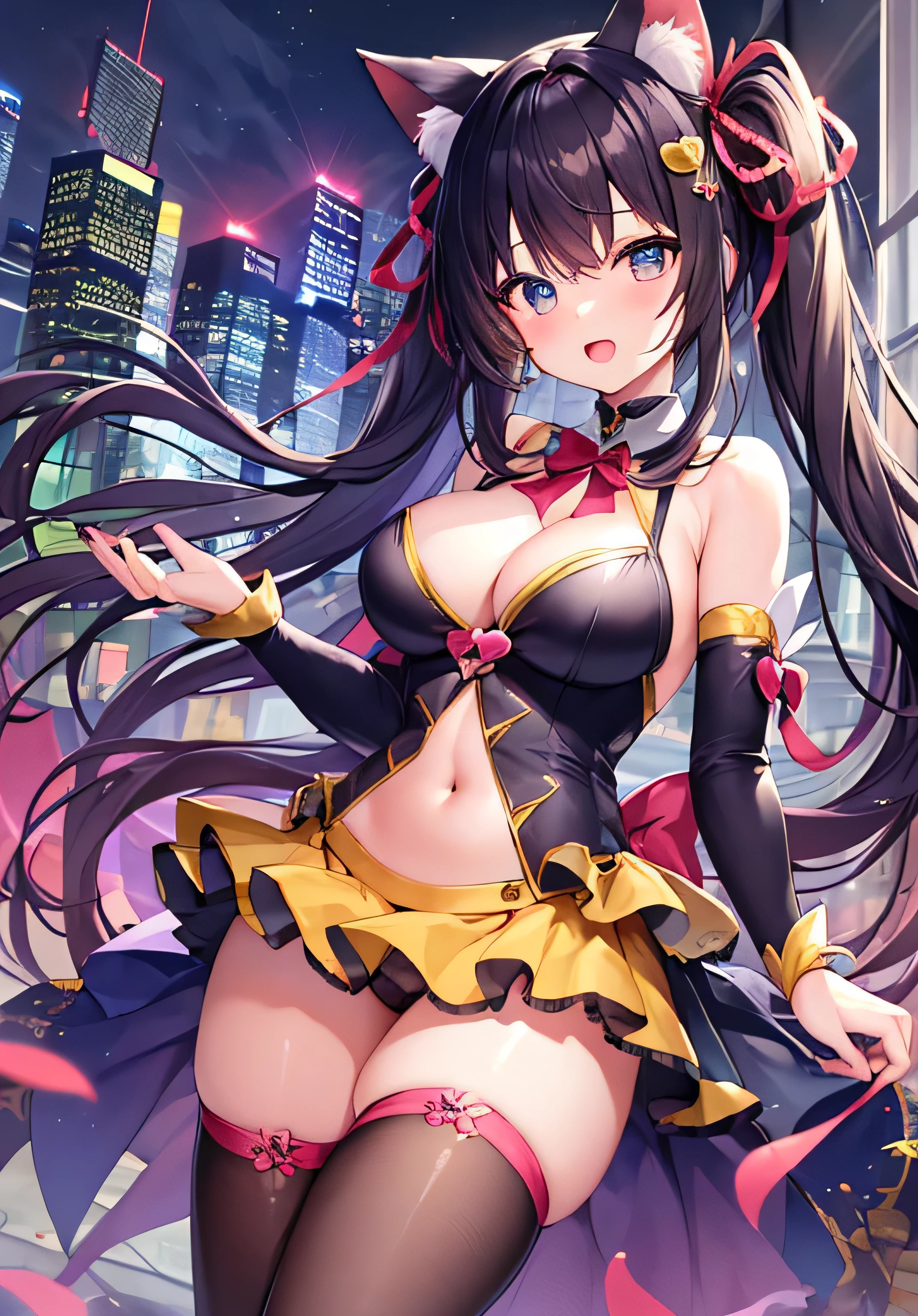 masterpiece、best image quality、ultra high resolution、age girl with big breasts、twin tail hairstyle、black hair、hair ribbon、No cat ears、red face、shyly、mock、Open your mouth just a little、Magical girl costume that shows cleavage、magical girl miniskirt、magical girl knee high socks、skyscrapers at night、at night