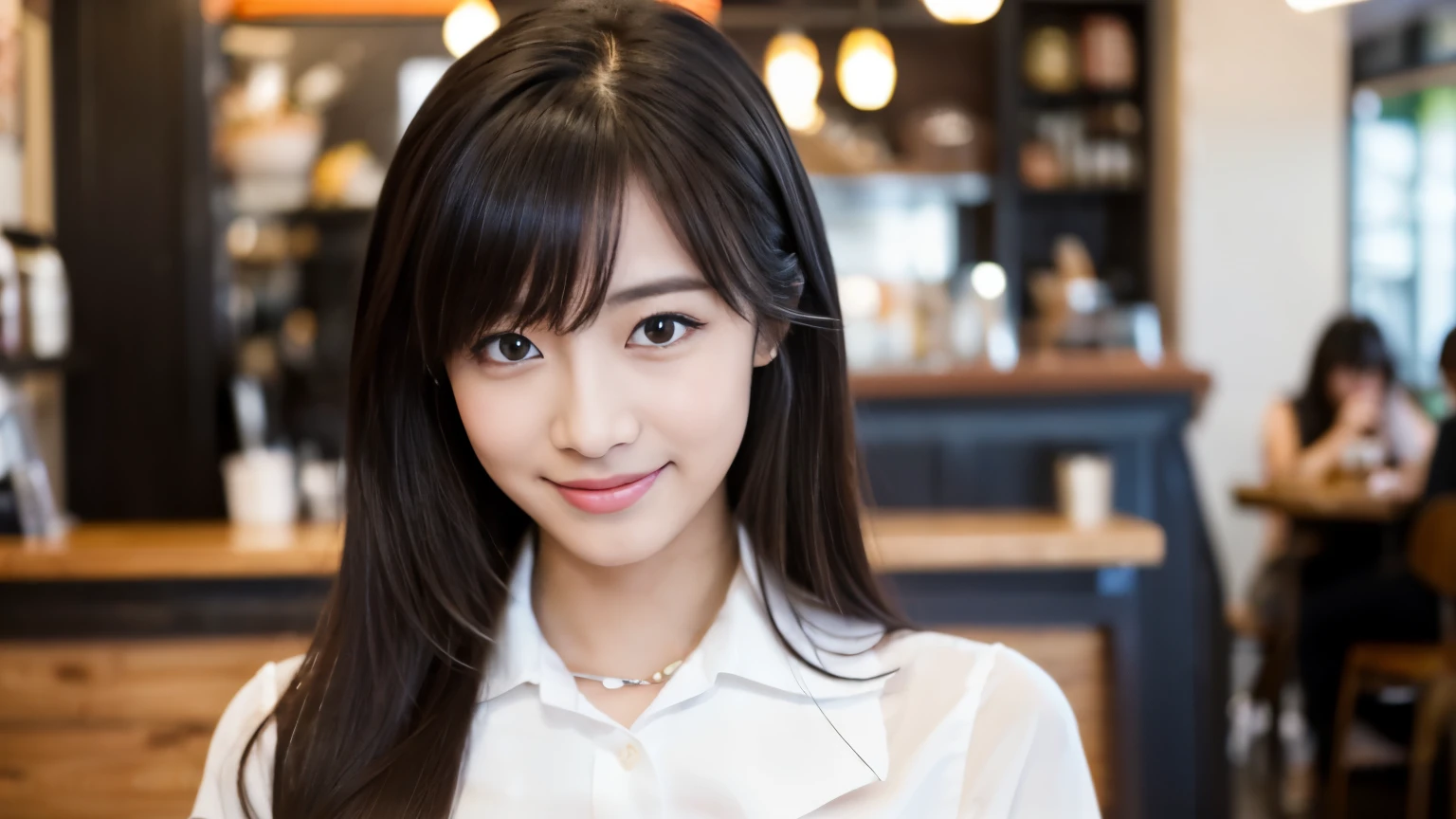 ((最high quality, 8k, masterpiece: 1.3)), perfect face,Inside a stylish cafe in New York、A scene in which a beautiful model-like woman is drinking a latte and studying on a laptop.,All around you, you can see other customers enjoying their time.。At the back of the cafe、The staff are busy working at the counter.、You can feel the liveliness and stylish luxury that is typical of a city cafe., sharp focus, 1 girl, Sexy 1.2, , (big: 1.5), fine eyes, Beautiful eyes with long slits, double eyelid, (cat face), (cute Face), cute Smile, (close your mouth), (cute), soft skin, Show the whole body, surreal, super detailed, high quality, (Beautiful female college student studying in a cafe), ((詳細な非常にcute女子大生)), ((胸は隠れているけど服の上から解るぐらいbig胸)),A look that looks at your boyfriend