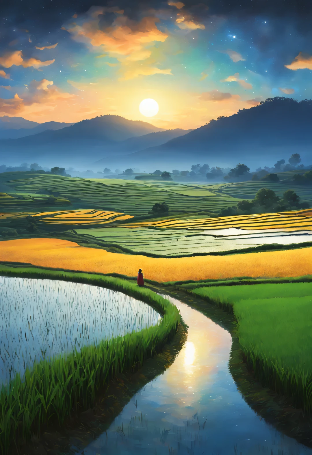 best quality, 4k, 8k, high level, masterpiece: 1.2, Super detailed, actual: 1.37,
(Endless rice fields), blue sky, dreamy atmosphere, bright color palette, Vibrant shades, Impressionist brushstrokes, Subtle lighting effects (Silhouette of a little girl in the distance: 0.65), sunset on the horizon, Peaceful and tranquil atmosphere, Harmony between nature and sky, textured brushstrokes, Abundant and vibrant crops, dusk atmosphere, Tranquil pastoral scenery, Glowing stars light up the night, creating a Peaceful and tranquil atmosphere, Peaceful and picturesque setting, Inspired by the style and techniques of Van Gogh. Sublime and atmospheric depiction, ethereal beauty, and fascinating celestial phenomena,