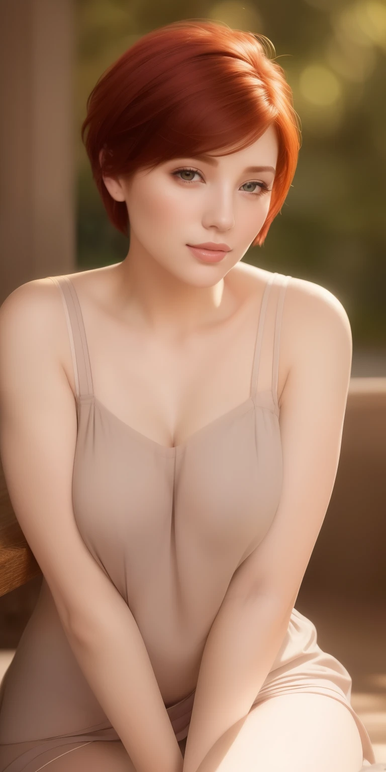 A girl with reddish short hair sat down, face picture, portrait, (best quality, 4k, highres, masterpiece:1.2), ultra-detailed, (realistic, photorealistic:1.37), soft lighting, ethereal atmosphere, delicate features, captivating gaze, subtle smile, vibrant colors, (painting-like, illustrative), whimsical background, dreamlike mood, artistic flair