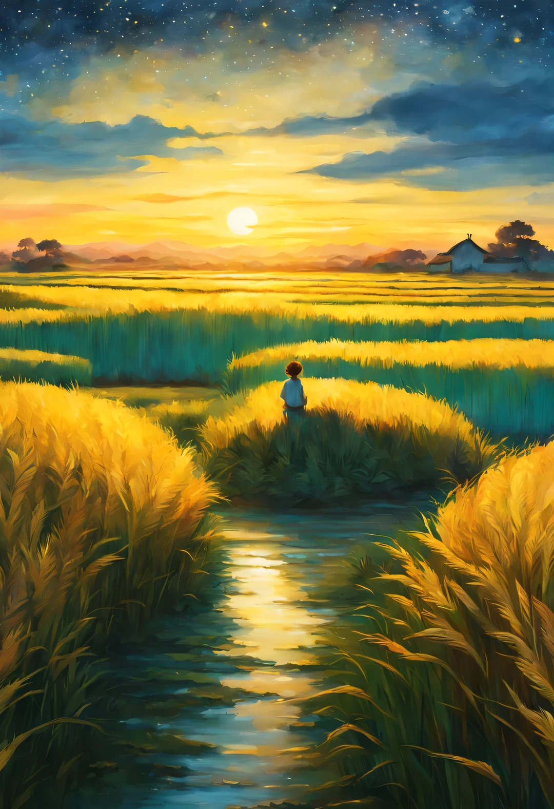 best quality, 4k, 8k, high level, masterpiece: 1.2, Super detailed, actual: 1.37,
(Endless rice fields), blue sky, dreamy atmosphere, bright color palette, Vibrant shades, Impressionist brushstrokes, Subtle lighting effects, Silhouette of a little girl in the distance, sunset on the horizon, Peaceful and tranquil atmosphere, Harmony between nature and sky, textured brushstrokes, Abundant and vibrant crops, dusk atmosphere, Peaceful idyllic scenery, Shining stars light up the night, Calm and serene atmosphere, Peaceful and picturesque setting, Inspired by the style and techniques of Van Gogh, Sublime and atmospheric depiction, ethereal beauty, and fascinating celestial phenomena,