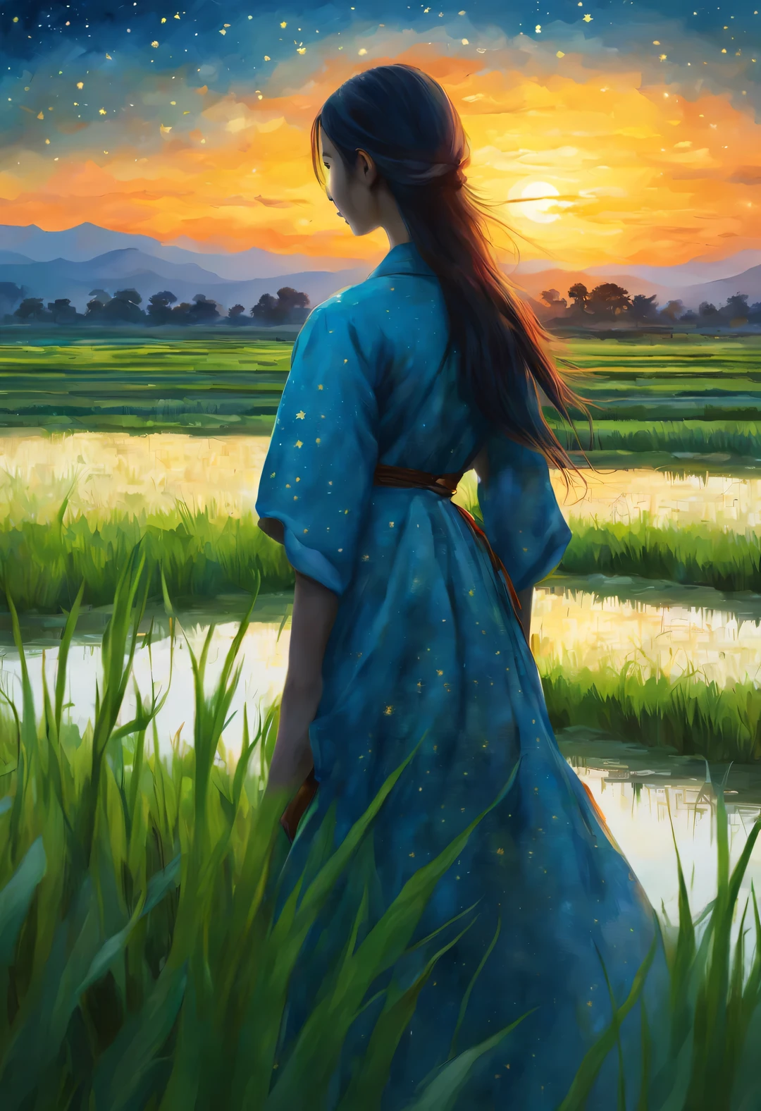 best quality, 4k, 8k, high level, masterpiece: 1.2, Super detailed, actual: 1.37, (Endless rice fields), a little girl ，double contact，blue sky, dreamy atmosphere, bright color palette, Vibrant shades, Impressionist brushstrokes, Subtle lighting effects ， sunset on the horizon, Peaceful and tranquil atmosphere, Harmony between nature and sky, textured brushstrokes, Abundant and vibrant crops, dusk atmosphere, Tranquil pastoral scenery, Glowing stars light up the night, creating a Peaceful and tranquil atmosphere, Peaceful and picturesque setting, Inspired by the style and techniques of Van Gogh. Sublime and atmospheric depiction, ethereal beauty, and fascinating celestial phenomena,