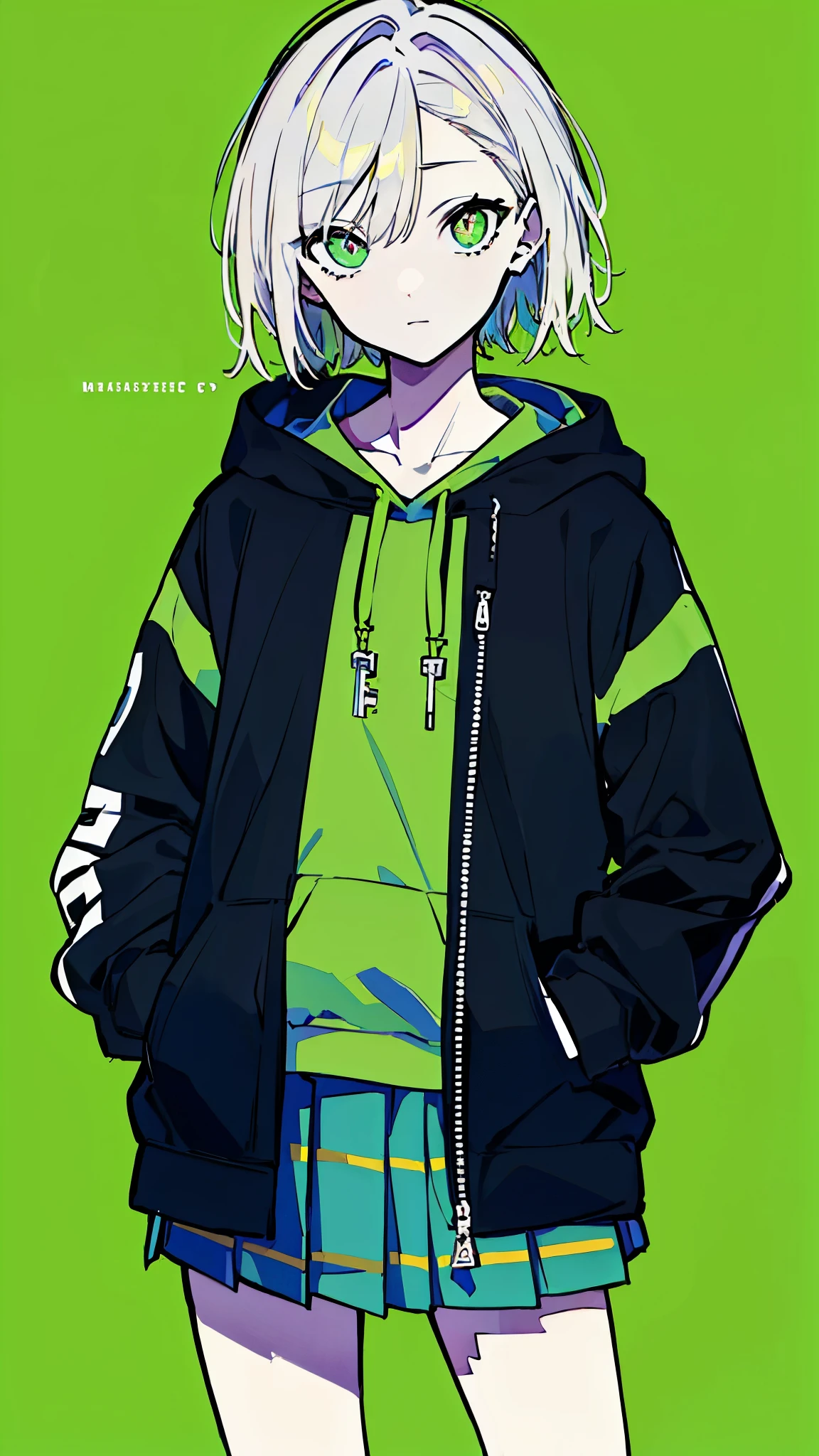 (masterpiece, highest quality:1.6), alone, thick outline, (simple background, bright green background, monochrome, bright green theme:1.2), official art, Key Visual, 8k, confused, whole body, (unique hair, oversized hoodie, Skirts to look at, short torso:1.2), belly button, thighs, cowboy shot, HDR, sharp focus, High resolution, most detailed, very detailed, Super detailed, finely, detailed eyes and face, sharp pupils, realistic student, alone, alone, put one&#39;s hand in one&#39;s pocket