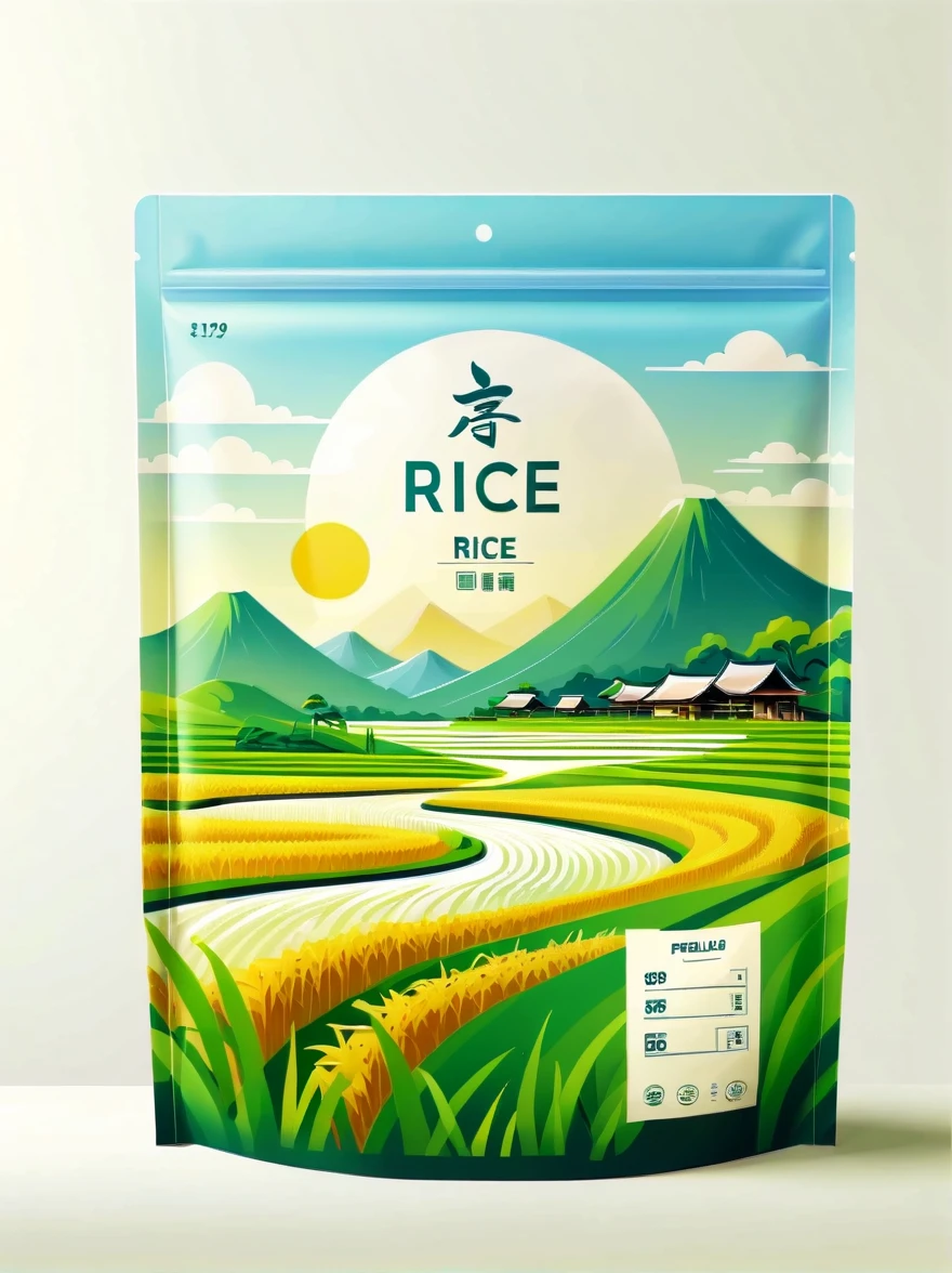 Modern packaging design, 1 rice field product packaging bag,Flat style rice field landscape illustration,full of nutrition,simple white background,HD resolution,simple style,actual,Natural light, Glossy plastic packaging bag