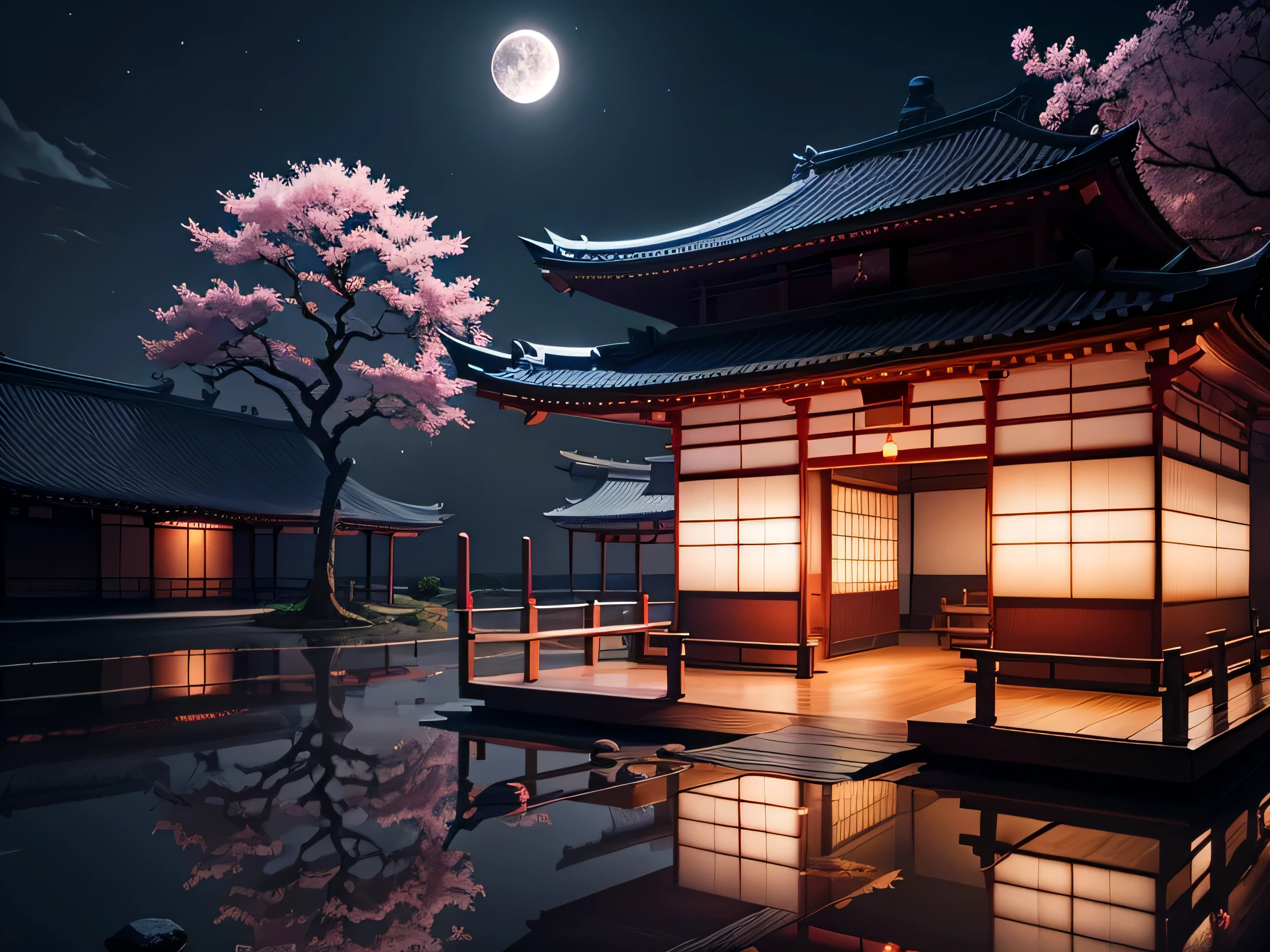 temple japonais, avec un cerisier rose, de nuit avec un ciel noir et une pleine lune