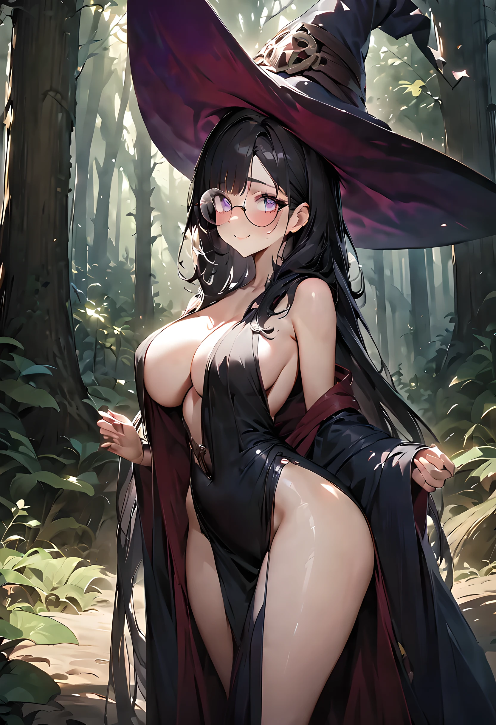 1girl, long black hair, large breasts, wide hips, long flowing mage robes, big witch hat, shy smile, thick round glasses, highly detailed eyes, cheeks blushing, forest background, textured skin, UHD, UHD, UHD, UHD, award winning, high details, incredible high-key cinematic lighting and shadows, masterpiece, incredible masterwork illustration, official art, digital painting