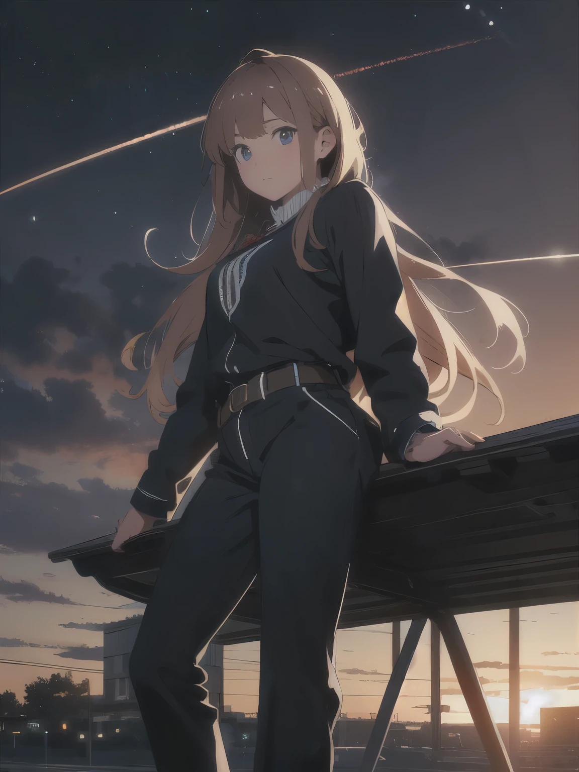 (8k, RAW photo, highest quality, masterpiece:1.2),(realistic, photo-realistic:1.37), ((highest quality)), ultra high resolution,Highly detailed CG Unity 8k wallpaper, Physically based rendering,cinematic lighting,whole body, (Bokeh:1.4), (1 boy), sit, watch the sunset, warm sunset, beautiful sky, cloudy, airplane trajectory, view from a distance, from below、anime