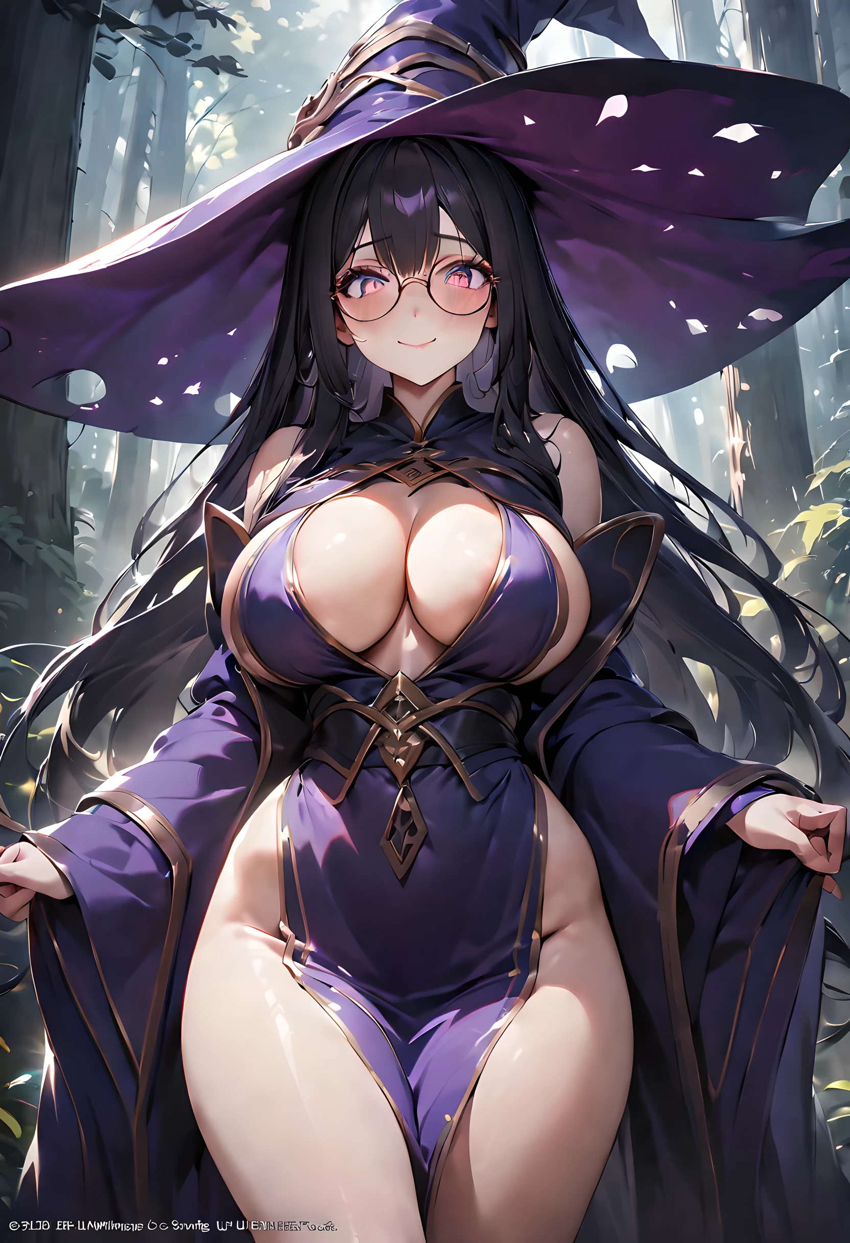 1girl, long black hair, large breasts, wide hips, long flowing mage robes, big witch hat, shy smile, thick round glasses, highly detailed eyes, cheeks blushing, forest background, textured skin, UHD, UHD, UHD, UHD, award winning, high details, incredible high-key cinematic lighting and shadows, masterpiece, incredible masterwork illustration, official art, digital painting