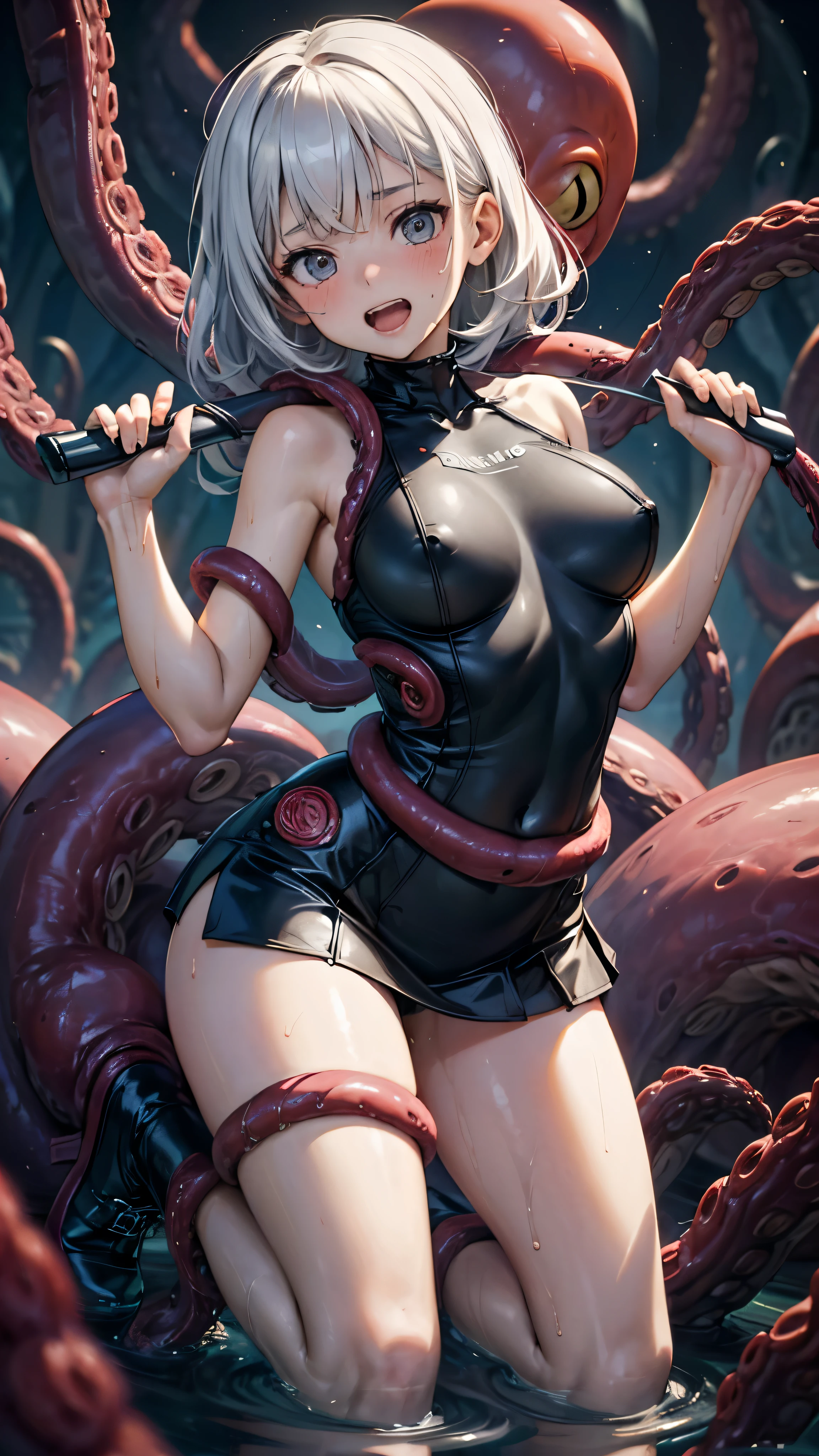 woman,,,city,night,(((black tight miniskirt bodysuit))),(wet with sweat),open mouth smile(()),(()),((baby girl bo),blush、surprised face,(((Tentacles wrap around the body)))(((raped by tentacles)))(((Tentacles wrap around the body)))(((raped by tentacles)))