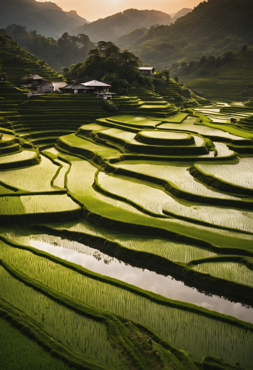 masterpiece, (best quality), (8K resolution), (photorealistic), rice paddy, rice field, green rice plants, shallow water, reflection, rows, terraces, mountains in background, dramatic lighting, golden hour, cinematic, panoramic, wide angle, shallow depth of field, photo by NatGeo photographer, aesthetic