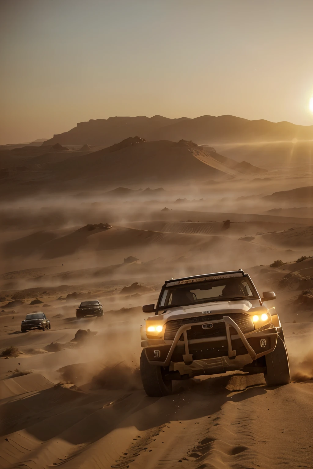 (a fast-moving car, dusty desert, beautiful sunset, colorful rays of light, sandstorm, shimmering sands,adventurous journey,expedition,clear blue sky,roaring engine,excitement,action-packed,traveling,tilted horizon line,off-road vehicle,adventure,heat haze,desolation,expansive landscape)