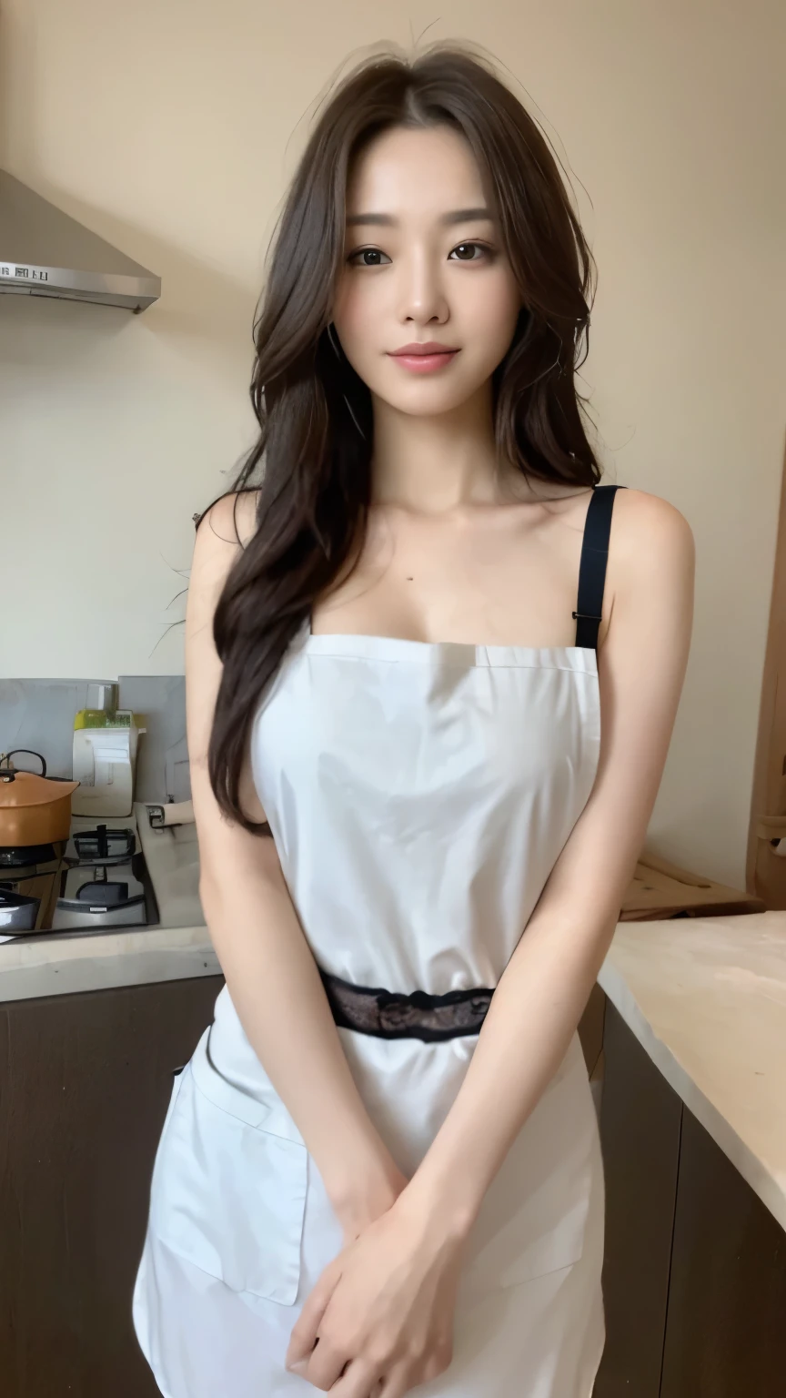 ((top-quality、8k、masterpiece:1.3))、Beautiful woman with perfect body:1.4、slim abdomen:1.2、Longhair, normal breast, Highly detailed facial and skin texture, A detailed eye, delicate eyes, double eyelid, (smile), (full body shot), ((kitchen)), (standing), ((wearing apron 1.1)), looking in front