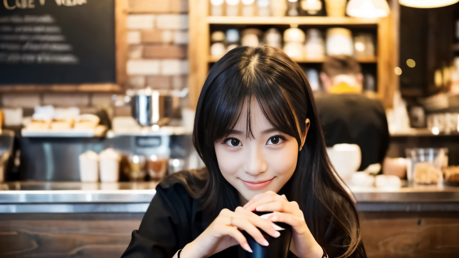 ((最high quality, 8k, masterpiece: 1.3)), perfect face,Inside a stylish cafe in New York、A scene in which a beautiful model-like woman is drinking a latte and studying on a laptop.,All around you, you can see other customers enjoying their time.。At the back of the cafe、The staff are busy working at the counter.、You can feel the liveliness and stylish luxury that is typical of a city cafe., sharp focus, 1 girl, Sexy 1.2, , (big: 1.5), fine eyes, Beautiful eyes with long slits, double eyelid, (cat face), (cute Face), cute Smile, (close your mouth), (cute), soft skin, Show the whole body, surreal, super detailed, high quality, (Beautiful female college student studying in a cafe), ((詳細な非常にcute女子大生)), ((胸は隠れているけど服の上から解るぐらいbig胸)),A look that looks at your boyfriend