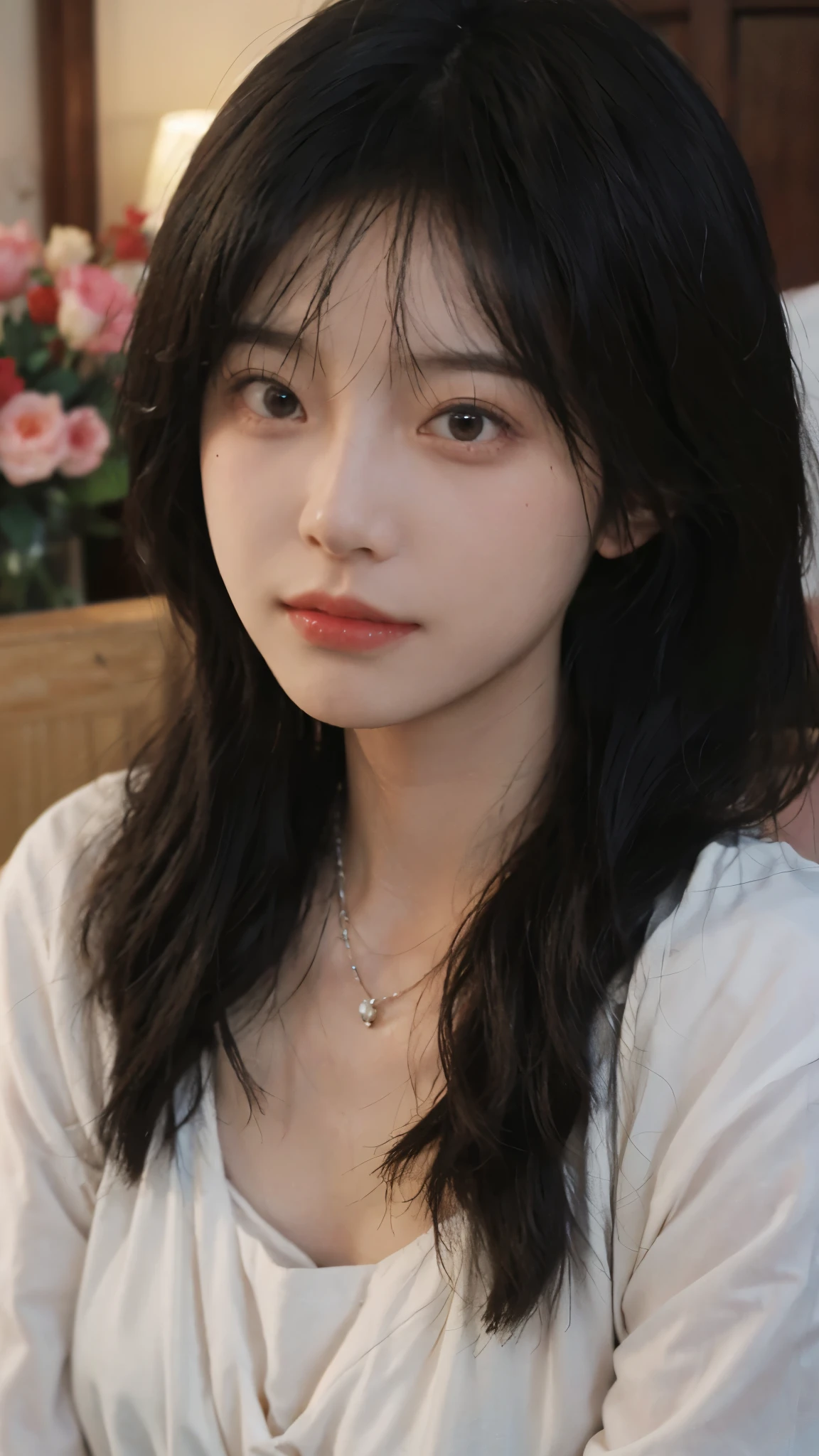 best quality， ultra high resolution， （realistically：1.4），cute hairpin，Baoyu Girl，Standing in the wedding hall，（flat chest：1.2） ，A pair of clear and charming peach blossom eyes,Royal sister，The sun shines on the face，Big wavy hairstyle，（necklace：1.2），（White skin：1.4），a sense of atmosphere，a beautiful girl，Looking directly at the viewer， Close-up cleavage ，(lifelike:1.4),1 girl,Sexy,(Upper body:1.4),(wet),(:1.2)