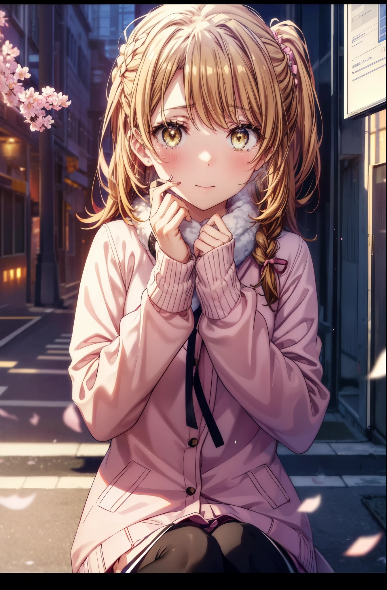 irohaisshiki, iroha isshiki, long hair, short braided hair,ponytail,brown hair, (brown eyes:1.5), smile,yellow muffler,pink long coat　There is space in front,white sweater,black long skirt,black pantyhose,short boots,Big tears are running down her face,Crying with joy,cry a lot,A piece of paper with a large number of numbers written on it is pasted on the bulletin board in front of the school building.,happy crowd,cherry blossoms are blooming,Cherry blossoms are scattered,pink scenery,Announcement of university results,have a piece of paper with numbers written on it,
break outdoors, University buildings,
break looking at viewer,
break (masterpiece:1.2), highest quality, High resolution, unity 8k wallpaper, (figure:0.8), (detailed and beautiful eyes:1.6), highly detailed face, perfect lighting, Very detailed CG, (perfect hands, perfect anatomy),