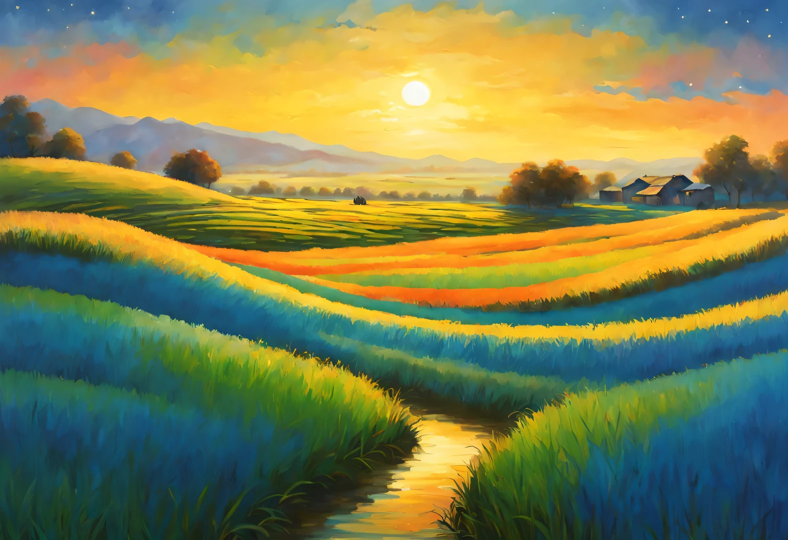 best quality, 4k, 8k, high level, masterpiece: 1.2, Super detailed, actual: 1.37, (Endless rice fields), a little girl ，double contact，blue sky, dreamy atmosphere, bright color palette, Vibrant shades, Impressionist brushstrokes, Subtle lighting effects ， sunset on the horizon, Peaceful and tranquil atmosphere, Harmony between nature and sky, textured brushstrokes, Abundant and vibrant crops, dusk atmosphere, Tranquil pastoral scenery, Glowing stars light up the night, creating a Peaceful and tranquil atmosphere, Peaceful and picturesque setting, Inspired by the style and techniques of Van Gogh. Sublime and atmospheric depiction, ethereal beauty, and fascinating celestial phenomena,