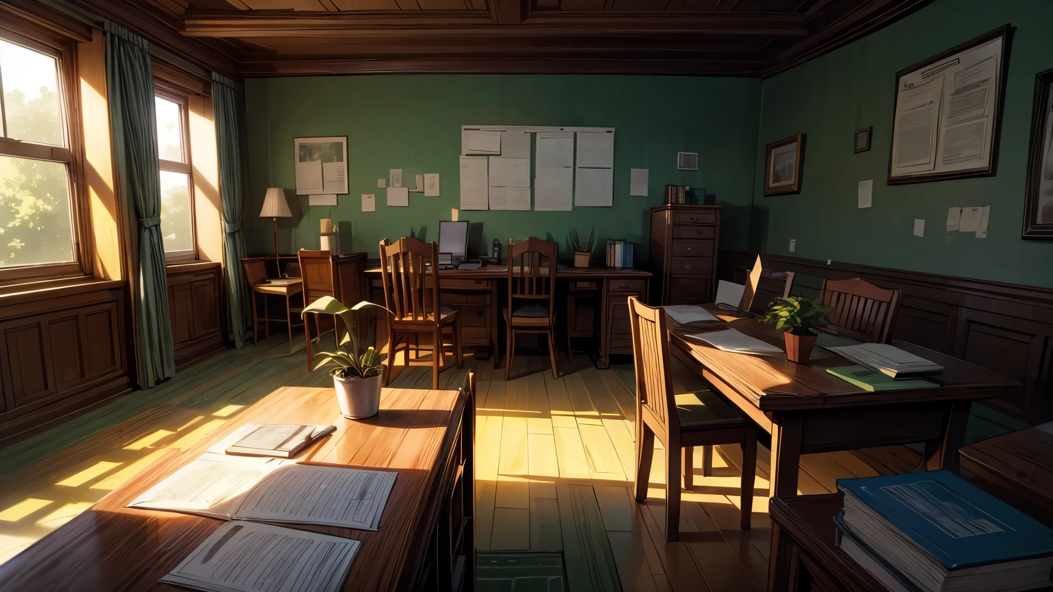 A study room. A planner-book is on the desk and there's a wooden chair behind the desk. There are also some plants and there's a stickman person behind the desk and there's some doodle above his head showing he is distracted. There's a paper among others on the wall on which his goals are written.